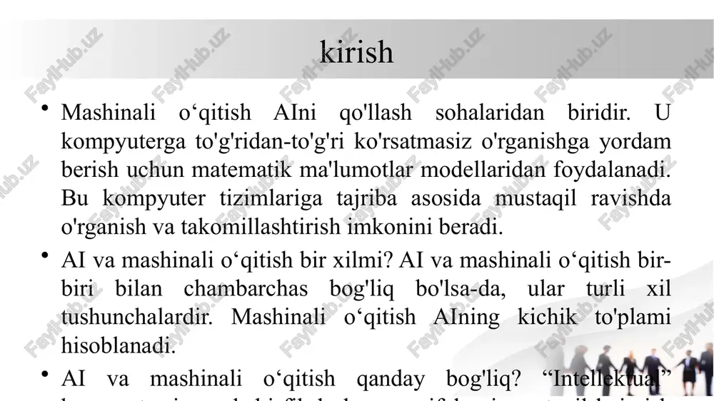 sus foydalanish holatlaringiz uchun yangi yoki mavjud mashinani o'rganish modellarini o'rgatasiz. mashinali o‘qitish uchun tayyor api mavjud api- dastur va server o'rtasida vositachi hisoblanadi. har safar dastur boshqa dastur yoki server bilan aloqa qilganda api ishlatiladi. sun'iy intellekt va mashinali o‘qitish o'rtasidagi asosiy farqlar sun'iy intellekt sohasi turli muammolarni hal qilish uchun ishlatiladigan ko'plab texnikalarni o'z ichiga oladi. ushbu usullar genetik algoritmlarni, neyron tarmoqlarni, chuqur o'rganishni, qidiruv algoritmlarini, qoidalarga asoslangan tizimlarni va mashinali o‘qitishni o'z ichiga oladi. mashinani o'rganish doirasida usullar ikkita keng toifaga bo'linadi: nazorat ostida o'rganish va nazoratsiz o'rganish. mashinali o‘qitishga kirish mashinali oʻqitish - sun’iy intellektning bir boʻlagi hisoblanib, kompyuterga maʼlumotlar va oldingi tajribalardan mustaqil ravishda oʻrganish imkonini beruvchi algoritmlarni yaratishga qaratilgan. mashinali oʻqitish-kompyuterlarga aniq dasturlovchi algoritmlar yozmagan holda oʻrganish imkonini beruvchi ilmiy soha mashinali oʻqitish algoritmlari sohalarga kirib kelish tarixiga qaraydigan boʻlsak, birinchi dasturiy algoritm 1952-yilda artur samuel tomonidan yaratilgan. bu dastur yordamida shashka oʻyinini oʻynash …