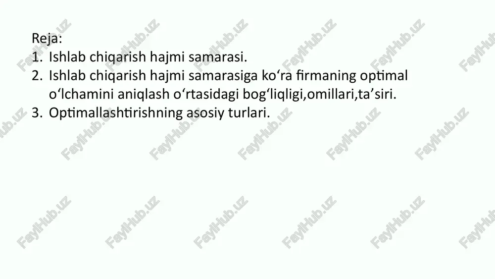 o'rtacha xarajatlar kamayadi 4 bozor ulushi katta bozor ulushiga ega bo'lish uchun katta firma kerak 5 bozor talabi ishlab chiqarish hajmi bozor talabiga bog'liq 5 ishlab chiqarish hajmi va o'lchamining iqtisodiy samaradorligiga ta'siri ishlab chiqarish hajmi va firmaning o'lchami o'rtasidagi bog'liqlik iqtisodiy samaradorlikka katta ta'sir ko'rsatadi. ishlab chiqarish hajmi oshganda, firmaning samaradorligi oshadi, bu esa narxlarni pasaytirishga, xarajatlarni kamaytirishga va raqobatbardoshlikni oshirishga yordam beradi. 20% xarajatlar kamayishi masshtab samaradorligi tufayli xarajatlarning kamayishi. 15% narxlar pasayishi xom ashyo, ishlab chiqarish va marketing xarajatlarini kamaytirish natijasida narxlar pasayadi. 10% raqobat kattaroq firma raqobatda ustunlikka ega bo'ladi. 5% investitsiyalar kengayish va yangi texnologiyalarni qo'llash uchun investitsiyalar jalb qilinadi. 6 optimal firmaning o'lchami va uni aniqlash omillari 1 bozor talabi bozor talabining hajmi va xarakteri optimal firmaning o'lchamini aniqlashda muhim rol o'ynaydi. 2 ishlab chiqarish xarajatlari iqtisodiy samaradorlikni oshirish uchun optimal ishlab chiqarish hajmini va shu bilan birga optimal firmaning o'lchamini belgilash kerak. 3 …