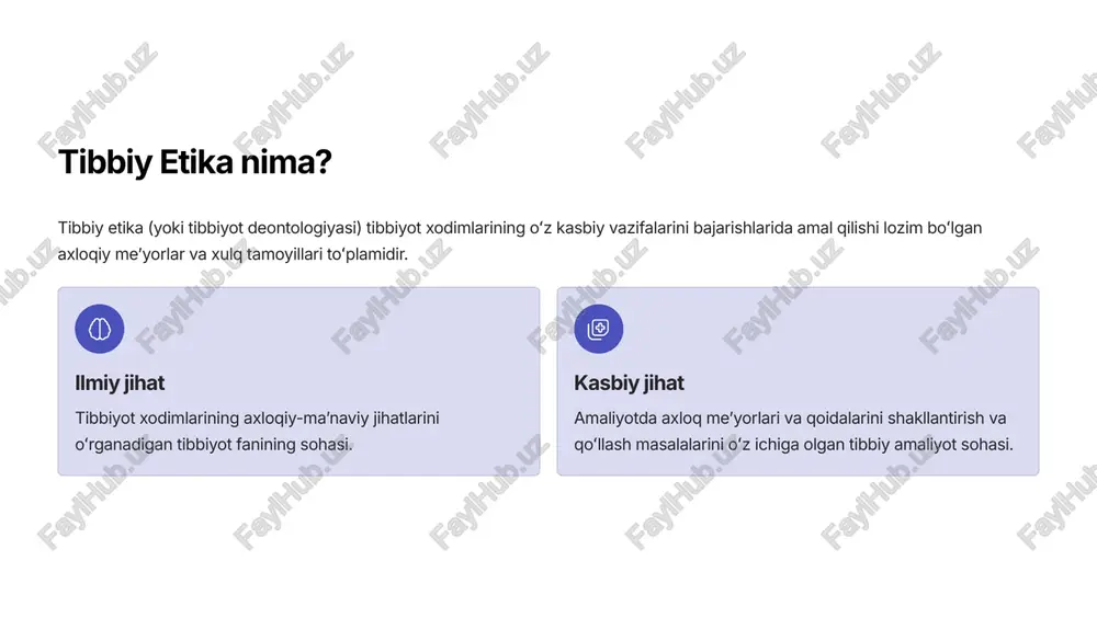 umeriya va kosmetikadan foydalanishdan saqlanishlari kerak. kuchli va o»tkir hidlar astma xurujlariga, allergik reaksiyalarga va turli noxush holatlarga olib kelishi mumkin. tibbiy xodimning axloqiy mas'uliyati tibbiy xodimning axloqiy mas¾uliyati tibbiy etikaning barcha prinsiplariga rioya qilishni nazarda tutadi. noto»g»ri harakatlar bemorlarning jismoniy va ma¾naviy azoblanishiga olib kelishi mumkin. tibbiy sirni oshkor qilish bemorning shaxsiy ma¾lumotlari va kasalligi haqidagi sirlarni oshkor etish qat¾iyan man etiladi. tibbiy yordamdan voz kechish tibbiy yordam ko»rsatishdan asossiz ravishda voz kechish mas¾uliyatsizlik hisoblanadi. shaxsiy hayotga aralashish bemorning shaxsiy hayotini buzishga yo»l qo»ymaslik kerak. bemor bilan muloqot va sirni saqlash bemorga maksimal e¾tibor berish, uni tinchlantirish, rejimga rioya qilish zarurligini tushuntirish, dori-darmonlarni muntazam iste¾mol qilishini nazorat qilish lozim. hissiyotlarga ehtiyotkorlik ayniqsa, saraton kasalligiga chalingan bemorlar bilan gaplashishda juda ehtiyot bo»lish kerak. gippokratning "bemorning ruhini jarohatlamaslik" degan hikmati dolzarbdir. tibbiy sir istisnolari tibbiy sirni saqlash talabi boshqa shaxslarga xavf tug»diradigan holatlarga taalluqli emas (venerik kasalliklar, yuqumli kasalliklar, oiv, zaharlanish). …