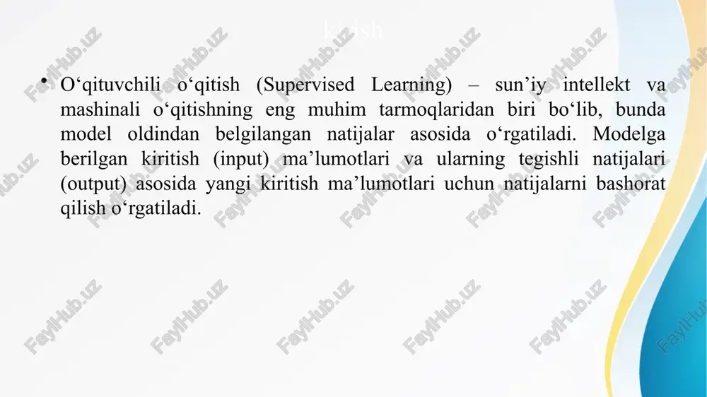 h trening (train) to‘plami – modelni o‘rgatish uchun. test to‘plami – modelning natijalarini tekshirish uchun. o‘qituvchili o‘qitish jarayoni 3.model tanlash va o‘qitish eng mos algoritmni tanlash-klassifikatsiya yoki regressiya algoritmi tanlanadi. model ushbu ma’lumotlarga asoslangan holda o‘rganadi. 4. modelni o‘qitish – modelni trening to‘plami asosida o‘rgatish. 5. modelni sinash – test to‘plami yordamida model natijalarini baholash. 6.optimallashtirish – model natijalarini yaxshilash uchun parametrlarni sozlash. o‘qituvchili o‘qitish qanday muammolarni hal qiladi? uning mohiyati shundan iboratki, o'qitish uchun neyron tarmoq maxsus ma'lumotlar to'plamini (dataset) oladi, unda bu ma'lumotlar nimani anglatishi oldindan qayd etiladi. ya'ni, neyron tarmoq o'zi berishi kerak bo'lgan savolni ham, javobni ham oladi. o‘qituvchili o‘qitish usuli qayerda qo'llaniladi? o‘qituvchili o‘qitish usuli qayerda qo'llaniladi? o‘qituvchili o‘qitish usuli mashinali o‘qitish jarayonida juda muhim va samarali yondashuv hisoblanadi. bu usulni turli sohalarda qo‘llash, ularning samaradorligini oshirish va murakkab masalalarni hal qilishda yordam beradi. o‘qituvchili o‘qitish usuli qayerda qo'llaniladi? o‘qituvchili o‘qitish (supervised learning) quyidagi sohalarda …