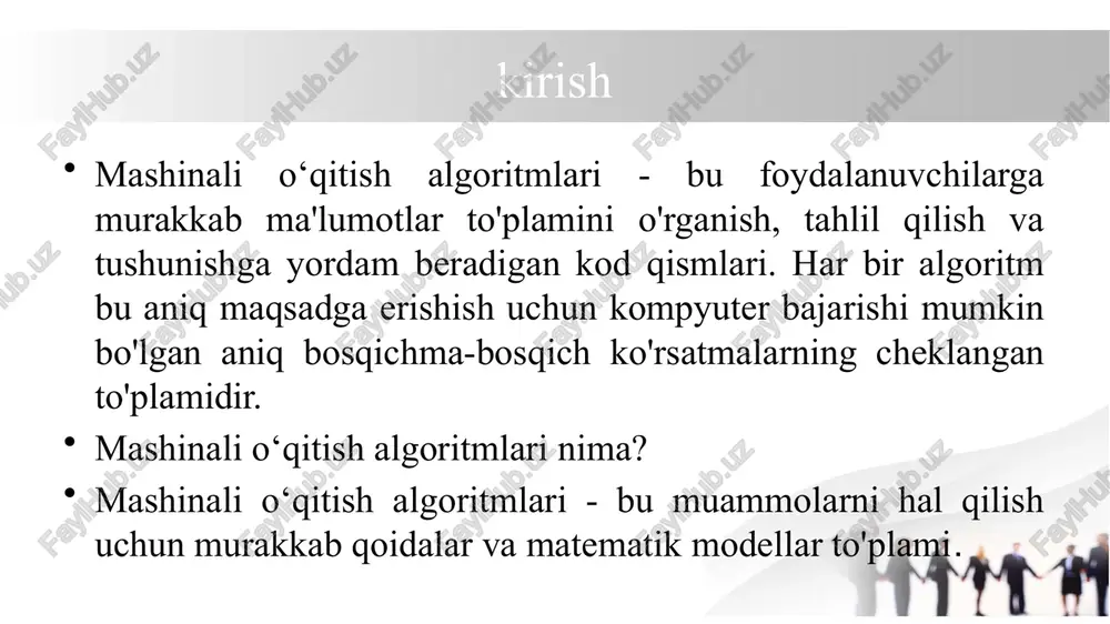 ratsiz o‘rganish (unsupervised learning) algoritmlari k-means clustering – ma’lumotlarni bir nechta klasterlarga ajratadi. hierarchical clustering – ma’lumotlarni ierarxik tarzda guruhlash. chuquq o‘rganish (deep learning) asosidagi tasniflash convolutional neural networks (cnn) – tasvirlarni tasniflash uchun ishlatiladi. recurrent neural networks (rnn) – ketma-ketlikka asoslangan ma’lumotlar bilan ishlaydi. mashinali o‘qitish algoritmlari mashinali o‘qitishda nechta algoritm mavjud? mashinali o‘qitish algoritmlarini o'rganar ekanmiz, ular odatda uchta texnikadan biriga to'g'ri kelishini topamiz: nazorat ostida o'rganish nazoratsiz o'rganish o'rganishni mustahkamlash mashinali o'qitish algoritmlari (machine learning algorithms) — bu kompyuterlarga tajribadan yoki oldingi ma'lumotlardan o'rganishga yordam beradigan algoritmlardir. ular inson aralashuvisiz qarorlar qabul qilish, prognozlar qilish yoki muammolarni hal qilish uchun ishlatiladi.. umumiy tasniflash algoritmlari umumiy tasniflash algoritmlari (classification algorithms) — bu ob'ektlarni turli toifalarga ajratishga yordam beradigan mashinali o'qitish usullari. ular nazorat ostida o‘rganish turlariga kiradi va biror ma'lumotning qaysi toifaga tegishli ekanligini aniqlash uchun ishlatiladi. umumiy tasniflash algoritmlari qanday? 1. logistik regressiya 2. naiv bayes klassifikatori …