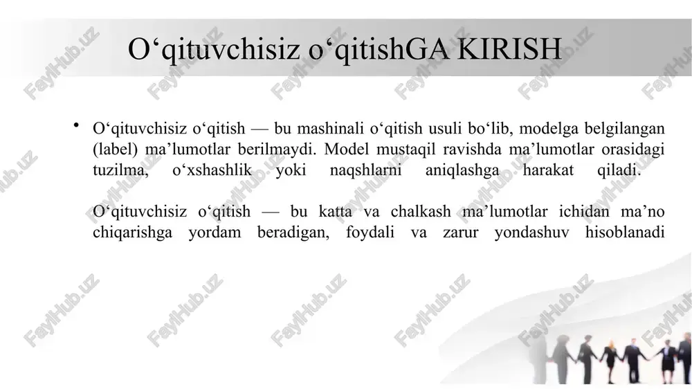 lda ma'lumotlar guruhlarga ajratiladi, bu guruhlar bir-biriga o‘xshash xususiyatlarga ega bo‘ladi. bu metodning asosiy vazifasi — ma'lumotlar orasidagi o‘xshashliklarni aniqlash. k-means(k — oldindan berilgan guruhlar soni, har bir nuqtani eng yaqin markazga (centroid) bog‘laydi.) bu algoritm, ma'lumotlarni k ta guruhga ajratadi va har bir guruhdagi elementlarni markazga eng yaqin qilib joylashtiradi. k-means, masalan, mijozlarni xarid qilish xatti-harakatlari bo‘yicha segmentatsiya qilishda ishlatilishi mumkin. hierarchical clustering daraxt ko‘rinishida guruhlash (dendrogram hosil qiladi).(ikkita turi: agglomerative (pastdan yuqoriga), divisive (yuqoridan pastga).) bu usulda ma'lumotlar bir-biriga yaqinligi asosida daraxtsimon tuzilma hosil qilib, guruhlarga ajratiladi. bu metodni tibbiyotda bemorlarni davolash protokollariga qarab guruhlashda qo‘llash mumkin. dbscan (density-based spatial clustering of applications with noise)-(densiklik (zichlik) asosida guruhlash., outlier yoki "g‘alati" nuqtalarni ham aniqlaydi., klaster sonini oldindan berish shart emas.) o‘qituvchisiz o‘qitish algoritmlari 2. dimensionality reduction algoritmlari(ma’lumotdagi asosiy xususiyatlarni ajratib, o‘lchamni kamaytiradi.) ma'lumotlarni ko‘p o‘lchamli (ko‘p xususiyatli) shakldan bir necha o‘lchamli shaklga qisqartirish uchun ishlatiladi. o‘lchamlarni kamaytirish asosiy …