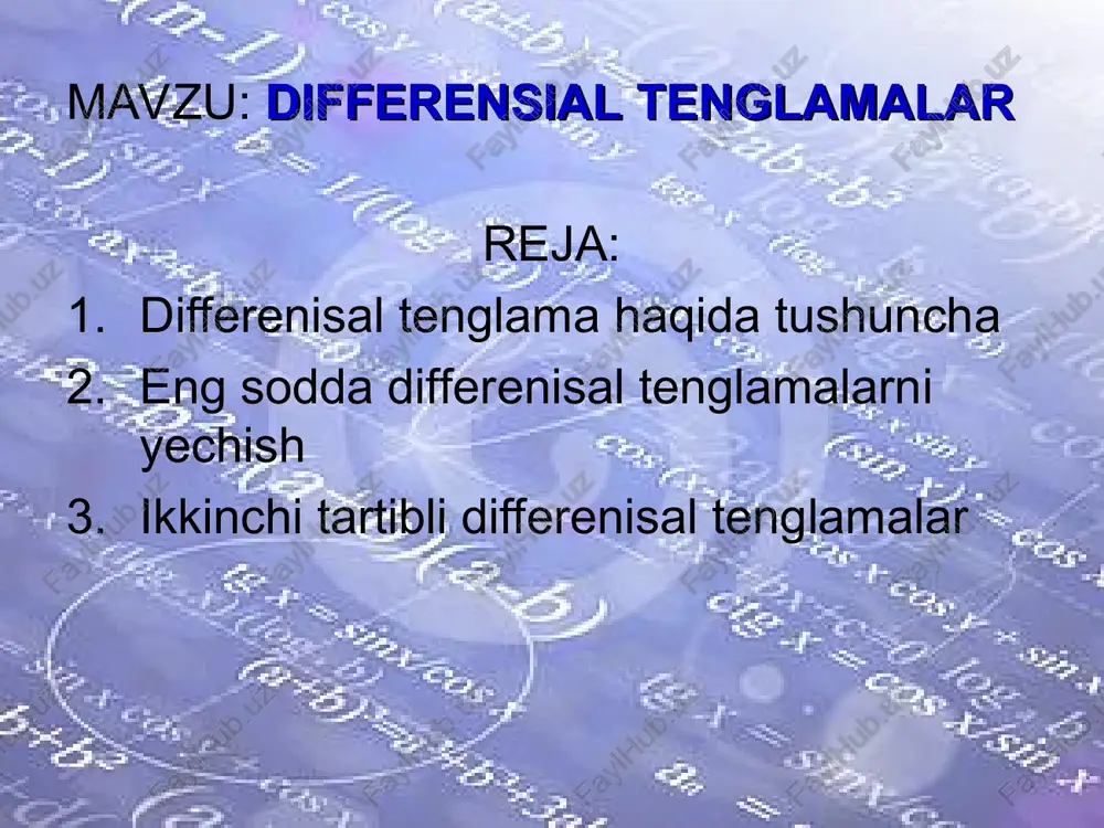 m - nuqta massasi. a tezlanish x nuqta koordinatasining vaqt bo‘yicha olingan ikkinchi tartibli hosilasiga teng ekanligidan ushbu ikkinchi tartibh differensial tenglamaga ega bo’lamiz: f(t)=mx"(t). (2) 3.muhitning unda harakat qilayotgan nuqtaga f qarshilik kuchi nuqtaning v tezligiga proporsional va shu tezlikka qarshi yo‘nalgan, ya’ni f(t) = -kv(t) yoki (2) tenglikka asosan mx"(t) = -kv(f), yoki v(t) = x'(t) bo‘lganligidan mx"(t) = -kx'(t) va shu kabi x"(t) = (x'(t))'= v'(t) bo‘lganligidan mv'(t) = -kv(t). 4. m massali nuqta f tortilish kuchining ta’siri ostida yerga tushmoqda, ya’ni bunda y — gravitatsiya doimiysi, m — yer massasi, x — nuqtadan yer markazigacha masofa (tenglikdagi “minus” ishorasi f kuch koordinatalar o‘qida manfiy yo‘nalganligi sababli qo‘yilgan). tenglikni (2) munosabatdan foydalanib, ko‘rinishda, yoki x=r va f=-mg ekanligidan yoki bo‘lgani uchun ko‘rinishda yozish mumkin nuqta uning muvozanat holatidan chetlanishiga proporsional va shu holat tomon yo’nalgan kuch ta’siri ostida harakat qilmoqda. muvozanat holatini koordinatalar boshi sifatida qabul qilamiz. …