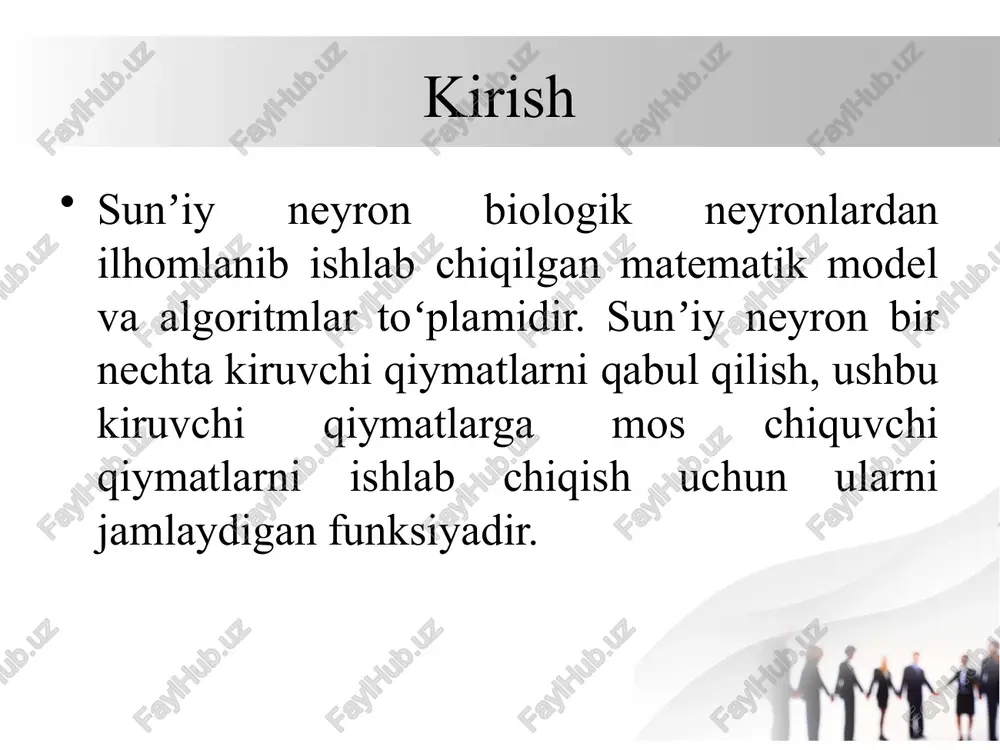bu nevrit (asab hujayrasining uzun silindrsimon jarayoni), uning bo'ylab nerv impulslari hujayra tanasidan (soma) innervatsiya qilingan organlarga va boshqa nerv hujayralariga o'tadi neyronlar nimalardan iborat? neyron uch qismdan iborat: hujayra tanasi(nucleus), dendritlar(dendrites) va akson(axon). dendritlar nerv hujayrasi tanasidan boshqa neyronlarga oʻtadi va u yerda (sinapsislar) ulanish nuqtalarida kiruvchi qiymatlarni qabul qiladilar. qabul qilingan kiruvchi qiymatlar neyron tanasiga uzatiladi. bu yerda ular umumlashtiriladi va ba’zi kirishlar neyronni qoʻzgʻatishga intiladi, boshqalari uning qoʻzgʻalishini oldini olish uchun harakat qiladi. neyron tanasidagi umumiy qoʻzgʻalish ma’lum chegaradan oshib ketganda, neyron qoʻzgʻaladi va akson boʻylab boshqa neyronlarga signal yuboradi. dendritlar asab hujayralarining juda yuqori tarqalib ketgan jarayonlari bo'lib, ular ma'lumot to'playdi va hujayra tanasiga impulslar o'tkazadi. akson odatda nerv hujayrasining uzun va ingichka bo'lib, hujayra tanasidan boshqa neyron, mushak yoki bezga impulslarni o'tkazadi. sinapsis sinapsis-sōnáñís, so'zdan - bog'lanish) - ikkita neyron o'rtasidagi yoki neyron va signalni qabul qiluvchi effektor hujayra o'rtasidagi aloqa joyi. yetuk inson miyasida …