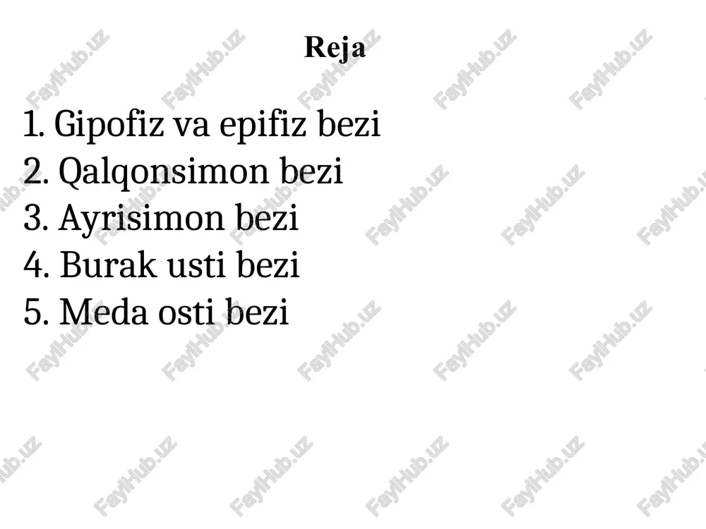 la 4 oldingi oraliq orga gipofiz gipofiz bosh miya katta oraliq miya yarimshlari gipotalamus ko'rwnervi kesishmasi gipofiz joyogchalar gipofiz gormonlari oldingi bo‘lak gormonlari: somatotrop-suyaklar tireotrop-qalqonsimon bez adrenokortikotopin-buyrakusti bezi prolaktin-sut bezlari gonadotropin(lg, fsg)-jinsiy bezlar oraliq bo'lak gormoni: melanotropin-teri pigmentatsiyasi orga bo lak gormonlari: oksitotsin-bachadon vazopressin(adg)-buyraklar gipofizar gigantizm va nanizm akromegaliya o’sishdan to‘xtagan odamlarda somatropinning ortiqcha ishlab chigarilishi joylashuvi: o’rta miya asosida massas 0,2 gr gormoni: melatonin ahamiyati: gonadotropin funksiyasini pasaytirish epifiz gipofiz bosh miya kata oraliq miya yarimshlari gipotalamus gipofiz ‘oyogchalar qalqonsimon bez joylashuvi: bo’yinning oldida qalqonsimon tog’ ayni yopib turadi massasi: 5-10 yoshli bolalarda 10 gr kattalarda-25-30 gr ajratadigan gormoni: tiroksin ahamiyati: moddalar almashinuvini kuchaytiradi nerv go’zg’aluvchanligi orttiradi qon aylanish, ayirish va hazm qilish ishini yo’! bilan boshqaradi qalqonsimon bez kasalliklari norma giperterioz ‘gosh a fornlsht seme nee) 6= new shin \ = / \= / zo» se [ictnine jr jee . quragishish org aataleshgan kretinizm miksedema giperterioz (bazedov) teriotoksikoz …
