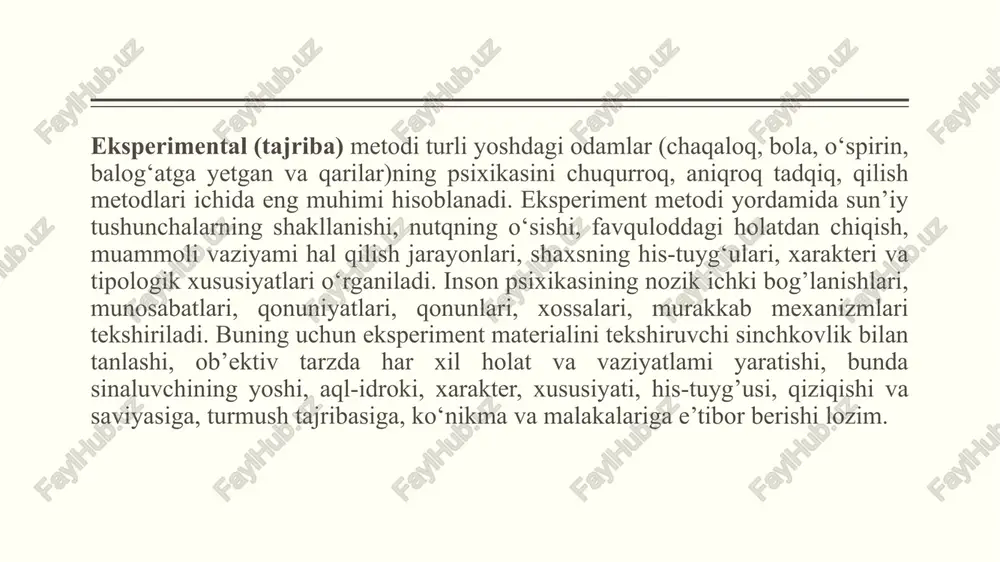 aradorligini oshirishga qaratilishi lozim. tajriba metodi o‘z navbatida tabiiy va laboratoriya metodlariga ajratiladi. laboratoriya (klinika) metodi ko‘pincha individual (goho guruh va jamoa) shaklida sinaluvchilardan yashirmay, maxsus psixologik asboblar, yo‘l-yo‘riqlar, tavsiyalar, kolrsatma va ilovalardan foydalanib olib boriladi. hozir inson psixikasidagi o‘zgarishlami aniqlaydigan asboblar, murakkab elektron hisoblash 19 mashinalari (displeylar), qurilmalar, moslama vajihozlar mavjud. ular odamdagi psixologik jarayonlar, holatlar, funksiyalar, vujudga kelayotgan yangi sifatlami qayd qilish va o‘lchashda qo‘llanadi. ko‘pincha detektorlar, elektron va radio oichagichlar, sekundomer, refloksometr, xronorefleksometr, lyuksmetr, anomaloskop. taxistoskop, audiometr, esteziometr, elektromiogramma, elektroensefalogramma kabilardan foydalaniladi. laboratoriya metodi yordami bilan diqqatning sifatlari, sezgi, idrok, xotira va tafakkurning xususiyatlari emotsional hamda irodaviy va aqliy zo'riqish singari murakkab psixik holatlar tekshiriladi. ko‘pincha laboratoriya sharoitida kishilar (uchuvchi, shofyor, operator, elektronchilar) va kutilmagan tasodifiy vazivatlar (halokat, portlash, izdan chiqish, shovqin ko‘tarilishi)ning modellari yaratiladi. asboblaming ko’rsatishi bo‘yicha o‘zgarishlar, rivojlanish dinamikasi, jismoniy va aqliy toliqish, emotsional-irodaviy, asabiy zo'riqish, jiddiylik, tanglik qanday sodir bo’ayotganini ifodalovchi ma’lumotlar olinadi. tajriba …