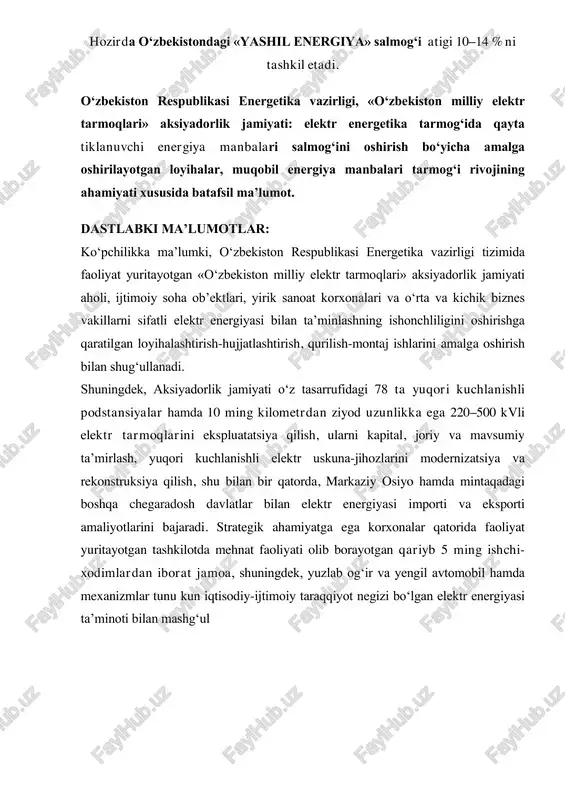oizi o‘zbekistonning tabiiy boyligi hisoblanmish ko‘mir, tabiiy gaz va boshqa neft mahsulotlarini yoqish evaziga ishlab chiqariladi. hozircha o‘zbekistondagi «yashil energiya» salmog‘i atigi 10–14 foizni tashkil etadi «o‘zbekgidroenergo» aksiyadorlik jamiyati matbuot xizmati taqdim etgan ma’lumotlarga qaraganda, mustaqillikning dastlabki yillarida gidroenergetikaning elektr energiyasi ishlab chiqarishdagi ulushi 10 foizga ham yetmagan. o‘zbekiston gidroelektr inshootlari tomonidan o‘tgan davr mobaynida, aniqrog‘i 2017 yilda 7 mlrd 947 mln. kvt•soat elektr energiyasi ishlab chiqarilgan bo‘lsa, 2018 yilda bu ko‘rsatkich 6 mlrd 126 mln. kvt•soatni tashkil etgan. 2019 yilda esa ishlab chiqarilgan 6 mlrd 513 mln. kvt•soat elektr energiyasi umumtizim orqali iste’molchilarga yetkazib berilgan. ushbu ko‘rsatkich mamlakatimizda ishlab chiqariladigan jami elektr energiyasining 13 foizini tashkil etmoqda. bu esa, o‘z navbatida, o‘zbekistonning tabiiy suv resurslaridan samarali foydalanilib, aholini qayta tiklanadigan, ekologik toza va arzon elektr energiyasi yetkazib ta’minlanayotganini anglatadi. «o‘zbekgidroenergo» aj ma’lumotlarini keltirayotganda yildan-yilga suv omborlaridagi suv sathining pasayib ketayotganiga alohida e’tibor berishimiz zarur. ekotizimga ko‘rsatilayotgan salbiy asoratlar nafaqat …