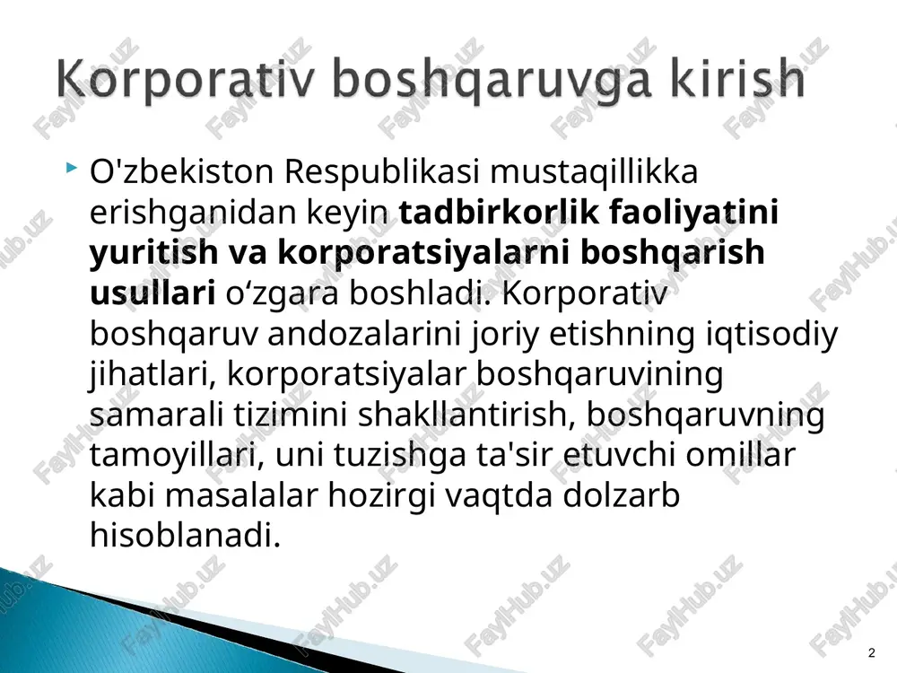 . mcgraw-hill higher education uk, 2012 – 367 pp. bob tricker. corporate governance, principles, policies and practices, 3rd edition, oxford online resources center, 2012 – 904 pp. qo’shimcha adabiyotlar. xodiyev b.yu., berkinov b.b. korporativ boshqaruv va raqobatni rivojlantirish. o’quv qo’llanma. -t.: 2011 mazur i.i., shapiro v.d., olderogge n.g., shein v.i. korporativniy menedjment. –m.: omega-l, 2008. – s 781. zaynutdinov sh.n. korporativ boshqaruv asoslari. o’quv qo’llanma. -t.: o’zbekiston, 2008. – 260 b. internet saytlari: www.ziyonet.uz – “ziyonet” ta’lim portali, www.agro.uz – o’zbekiston respublikasi qishloq xo’jaligi vazirligi sayti www.lex.uz – o’zbekiston respublikasi qonunlari bazasi sayti www.gov.uz - o’zbekiston respublikasi hukumat sayti www.samvmi.uz – samarqand veterinariya meditsinasi rasmiy sayti * 1.1. korporativ boshqaruvning kelib chiqish tarixi * 1997-1998-yillarda boshlandi 1. xvii asrda ost — ind (east india company) kompaniyasi 24 a'zodan iborat bo‘lgan direktorlar kengashini tashkil qildi. birinchi marta mulkchilik va boshqaruv vazifalari bo'lib olindi; 2. 1776-yili adam smit o‘zining «xalqlarning boyligining sabablari …