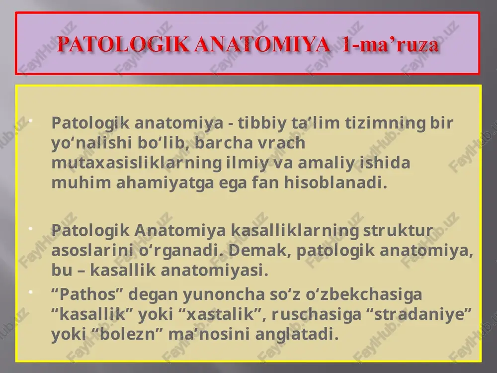 rasiya, ya’ni to‘qima va organlarning qayta tiklanishi – regenerasiyasining buzilishi jarayonlari; 6) o‘smalar. 1) alterasiya va distrofiya to‘qima va organlarning parenxima, hamda stroma-tomir tuzilmalarida rivojlanadigan birlamchi shikastlanish jarayonlari bo‘lib, ularning oqibatida destruksiya, nekroz, yallig‘lanish, immunopatologiya va disregenerasiya boshlanishi mumkin. 2) dissirkulyasiya, bu – qonning tarkibi, miqdori va sifati o‘zgarganda, qon oqimi tezligi buzilganda, hamda qon tomir devorining butinligi buzilishi oqibatida rivojlanadigan patologik jarayonlar hisoblanadi. 3) yallig‘lanish, bu – tashqi va ichki patologik omillarga nisbatan organizmning umumiy javob reaksiyasi bo‘lib, morfologik jihatdan shikastlangan organ va to‘qimada qon tomirlar va biriktiruvchi to‘qimaning o‘ziga xos o‘zgarishlari bilan nomoyon bo‘ladigan patologik jarayondir. 4) immunopatologiya, bu – organizmda autologik to‘qimalarning o‘z immun sistema effektorlari tomonidan shikastlanishi va allergiya, immun tanqisligi hamda autoimmun kasalliklar ko‘rinishidagi xastaliklari hisoblanadi. 5) disregenerasiya, bu – to‘qima va organlar qayta tiklanishining buzilishi bo‘lib, ish faoliyatining zo‘riqishida giperplaziya va gipertrofiya, bir hujayra yoki to‘qima o‘rniga boshqa hujayra va to‘qimaning paydo bshlishi - …