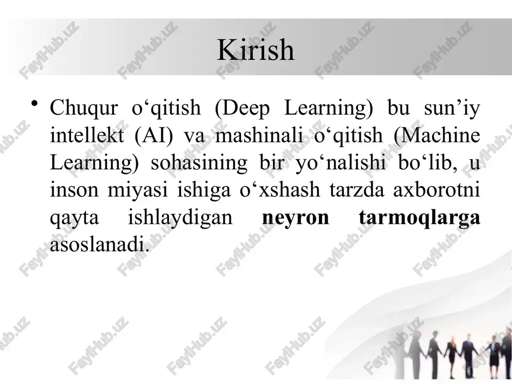rks) asosida raqamlarni tanish tizimini yaratdi (mnist dataset bilan). chuqur o‘qitish tarixi 1990–2010-yillarda: katta datasetlar (mnist, cifar, imagenet) paydo bo‘ldi. gpu’lar grafikadan tashqari neyron tarmoqlarni tezlatishda ishlatila boshladi. 2012-yil: chuqur o‘qitishning portlashi gpu yordamida o‘qitildi. relu aktivatsiya funksiyasidan foydalandi. cnn chuqur qatlamlardan iborat edi. chuqur o‘qitish nima? chuqur o‘qitish — bu ko‘p qatlamli (deep) sun’iy neyron tarmoqlarni o‘rganish orqali murakkab muammolarni hal qilish usuli. bu texnologiya ayniqsa: tasvirlarni aniqlash (image recognition), nutqni tanish (speech recognition), tabiiy tilni qayta ishlash (nlp), o‘yinlar, autonom transport, va boshqa ko‘plab sohalarda ishlatiladi. chuqur o‘qitish — sun’iy neyron tarmoqlarning ko‘p qatlamli versiyasi bo‘lib, ma’lumotdan mustaqil ravishda xususiyatlarni avtomatik o‘rganish imkonini beradi. asosan katta hajmdagi ma’lumot va kuchli hisoblash resurslari yordamida ishlaydi. chuqur o‘qitishning ishlash prinsipi 1. kirish (input layer) tizimga ma’lumot beriladi (masalan: rasm piksellari, matn so‘zlari, audio signallar). har bir element — bu kirish neyroni. 2. yashirin qatlamlar (hidden layers) bu qatlamlar chuqur o‘qitishning …