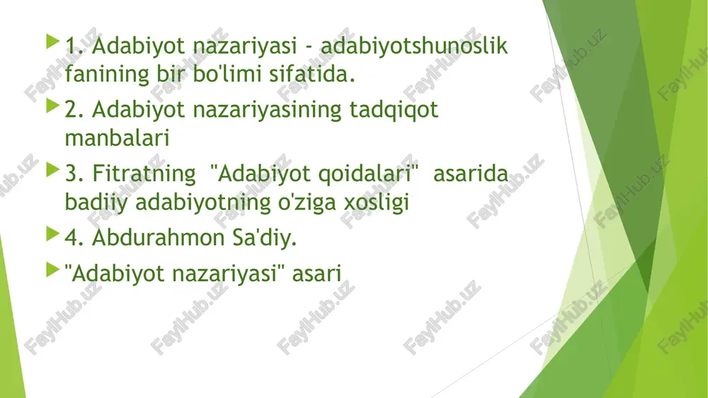 ʻzalligidir. har qanday gʻoya badiiy asarning mazmunini tashkil eta olmaydi, u faqat badiiy xususiyatga ega-ligi, inson, jamiyat uchun ahamiyatliligi bilan barchani qiziqtira olgan gʻoyalargina badiiy asar mazmunini tashkil etadi. badiiy shakl ham mazmunga nisbatan farqsiz hodisa emas. chunki har qanday gʻoya hayotning oʻzida aniq hayotiy hodisa shaklida namoyon boʻladi, bu hodisaning shaklini mazmundan ajratib boʻlmaydi. binobarin, har qanday badiiy gʻoya oʻziga mutanosib badiiy shakldagina oʻz mohiyatini toʻla namoyon etadi. alisher navoiy "hamsa"da oʻz zamonida shoirlik da’vo qilib yurgan koʻplab kishilarning shakl bobidagi noʻnokligini qoralaydi. chunki, faqat shakli mazmuniga toʻla mos boʻlgan asargina haqiqiy badiiy asar boʻla oladi oʻzbek adabiyotshunosligida adabiyot nazariyasiga oid haqiqiy yaxlit ilmiy asar 20-asr ning 20-yillarida fitrat tomonidan yaratildi. uning "adabiyot qoidalari" kito-bida badiiy adabiyotning oʻziga xosligi, ijtimoiy tabiati, adabiy tur va janrlar, syujet, kompozitsiya, badiiy nutq va mahorat masalalari haqida ilk bor yax-lit ma’lumotlar berilgan. abdurahmon sa’diyning "adabiyot nazariyasi" asari adabiyot nazariyasi ga oid ilk asarlardan …