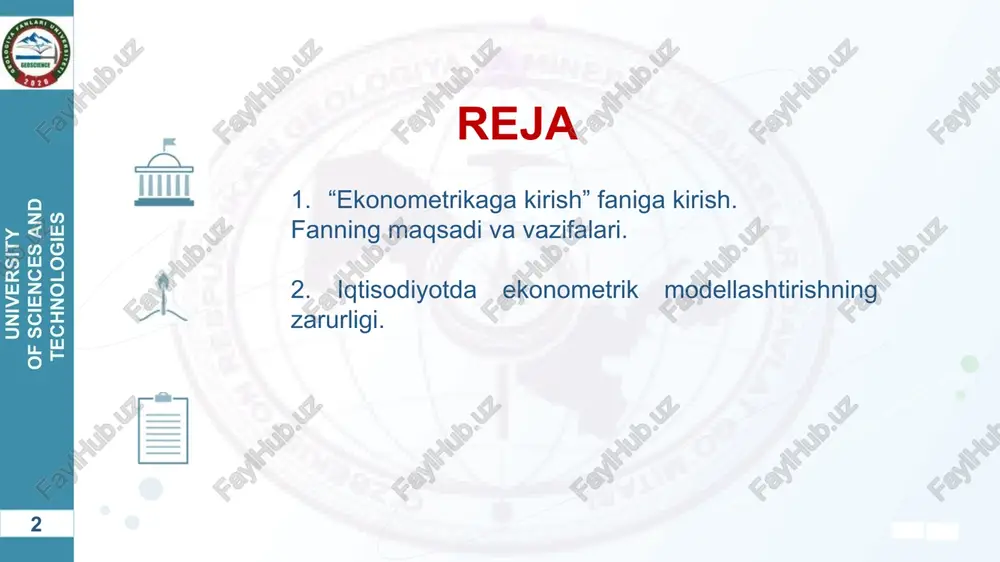 strumentariylari iqtisodiy o'zaro aloqalarni tahlil qilish va bashorat qilish uchun qo'llaniladi. iqtisodiy ko'rsatkichlarning katta qismi tasodifiy xarakterga ega bo'lganligi uchun matematik statistikaning apparatidan foydalaniladi. iqtisodiy statistika. iqtisodiy ma'lumotlar ko'rgazmali shaklda namoyish etish uchun to'planadi va qayta ishlanadi matematik statistika. tadqiqot maqsadidan kelib chiqib, ma'lumotlarni tahlil qilish usullari ishlab chiqiladi. 6 university of sciences and technologies ekonometrika-ning maqsadi - bu real iqtisodiy ob'ektlarni modellashtirish va miqdoriy tahlil qilishning usullarini ishlab chiqishdan iborat. ekonometrikaning predmeti – bu iqtisodiy jarayonlar va hodisalarning o'zaro bog‘liqligini miqdoriy ifodalanishni o'rganish hisoblanadi. eslatma: iqtisodiy maʼlumotlar dinamik qator yoki dinamik ustun ko‘rinishida tuziladi, yaʼni ular vaqt bo‘yicha o‘zgaradilar. kuzatuvlar soni omillar sonidan 4-5 marta ko‘proq bo‘lishi kerak. 7 university of sciences and technologies ekonometrikaning vazifalari modelni spetsifikatsiya qilish modelni parametr-lashtirish modelni verifikatsiya qilish model asosida prognoz qilish empirik tahlil uchun ekonometrik modellarni tuzish tuzilgan model parametrlarini baholash model parametrlari sifatini va butun modelning o'zini tekshirish ekonometrik modellashtirish natijalari …