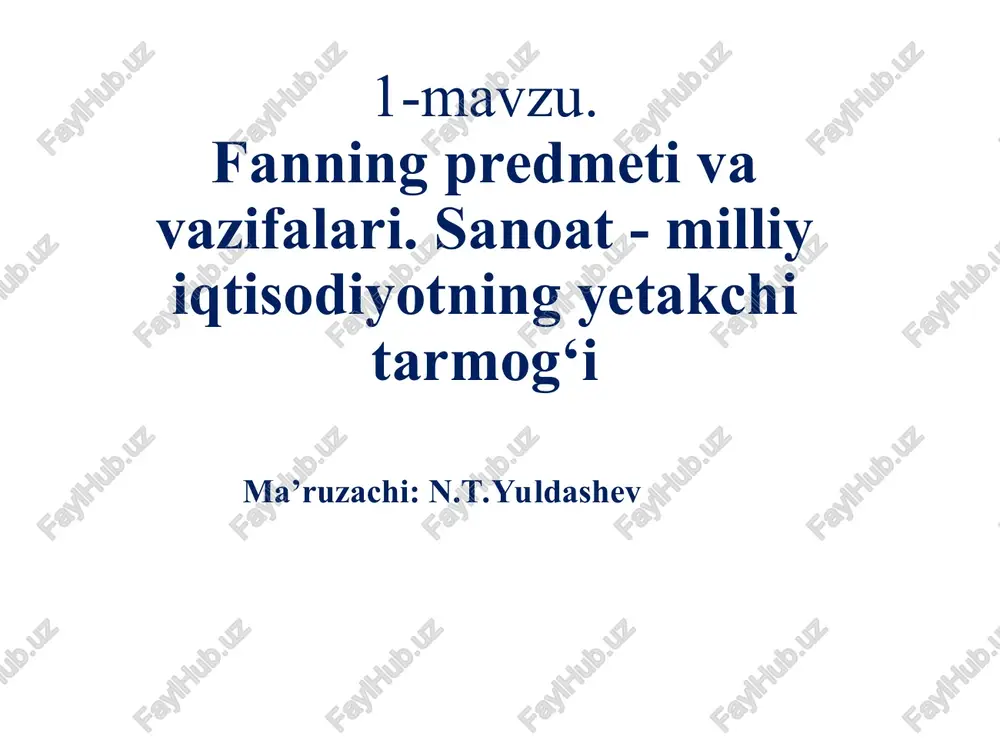 ng milliy iqtisodiyot rivojidagi roli va o’rni, tarmoqlari va ularning rivojlanishi kun shiori “sanoat iqtisodiyoti” fanining obyektini aniqlashda, — siz sanoatning iqtisodiy faoliyatini, uning tashkil etilishi va boshgarilishi jarayonlarini ko'rib chiqasiz. sanoat, asosan, xom ashyo yoki yarim tayyor mahsulotlardan to'liq mahsulotlarni ishlab chigarish jarayonidir. sizga bu mavzuning yana qaysi jihatlari giziq? “sanoat iqtisodiyoti” fanining obyekti sanoat ishlab chiqarish jarayonlari, ularning tashkil etilishi va boshqarilishi, iqtisodiy resurslar va ularni samarali taqsimlashdir. bu fan sanoatning turli tarmoqlarini, ularning§ o'zaro’_ bog'lanishini va _ bozor iqtisodiyotidagi rolini ham o'z ichiga oladi. sanoat — bu xom ashyo yoki yarim tayyor mahsulotlardan tayyor mahsulotlarni ishlab chiqarish jarayonidir. u iqtisodiy faoliyatning asosiy sohalaridan biri bo'lib, millty iqtisodiyotning barqaror rivojlanishida muhim rol o'ynaydi. sanoatning asosiy xususiyatlari: ishlab chiqarish jarayoni: sanoat mahsulotlariniishlab chiqarish texnologik jarayonlar orqali amalga oshiriladi. og'ir sanoat: metallurgiya, bu jarayonda mashinalar, asbob-uskunalar va mehnat kimyo sanoati, energiya. resurslari muhim ahamiyatga ega. tarmoqlar: sanoat bir nechta tarmoqlarga …