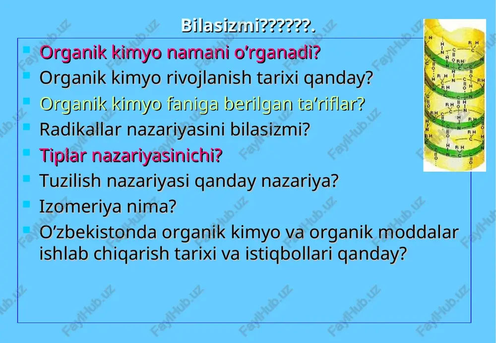 skeleti molekuladan molekulaga o‘zgarmasdan o‘tadi. bunday atomlar guruhiga radikallar deb ataladi. m-n: ch3- metil, ch3ch2- etil, c4h9-butil radikallari. organik reaksiyalar radikallar bilan bog‘langan va reaksiyaga kirish qobiliyati yuqori bo‘lgan funksional guruhlar hisobiga boradi. hozir yuzga yaqin funksional guruhlar mavjud. m-n: s=o, -cho, -sooh, -on, -nh2, -x va h-zo. uglerod atomi elektronlarining xolatlari organik kimyoni alohida fan qilib o‘qitishning asosiy sabablari: organik birikmalarning turli-tumanligi va ko‘pligi (7-8 mln.); organik birikmalarning tez o‘zgaruvchanligi. ular harorat ta’sirida suyuqlanadi, parchalanadi va oson yonadi. organik birikmalarning murakkabligi (s6n10o5)n n=10-100000; organik birikmalar dissosiyalanmaydi, chunki uglerod-uglerod orasidagi bog‘ kovalent bog‘dir. organik birikmalarning reaksiyalari sekin vaqtning o‘tishi bilan boradi; organik birikmalarda izomeriya hodisasi mavjud. m-n: s5n12 uglevodorodning uchta izomeri bor: ch3ch2ch2ch2ch3 n-pentan, ch3ch(ch3)ch2ch3 2-metilbutan, ch3s(ch3)2ch3 2,2-dimetilpropan. kovolent bog' hosil bo'lish yo'llari organik kimyo tarixi kimyoning dastlabki rivojlanish bosqichida organik va anorganik kimyo ajralmagan edi. xix asrgacha o`simlik va hayvonot dunyosining organik moddalariga asosan tibbiyot fanlari qiziqar edi. xix …