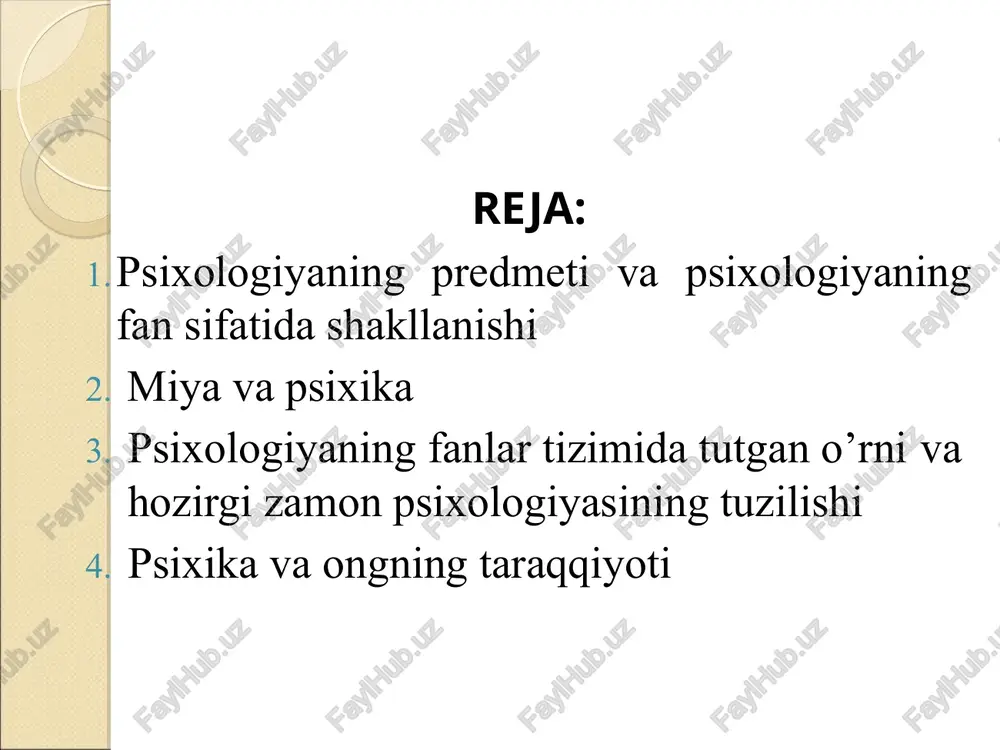 slashdir. psixik hodisalar ma'lum qonuniyatlarga bo’ysunadi. psixologiya shunday qonuniyatlarni mohiyatini ochishga, ularni tarkib topishi va rivojlanishini o’rganishga qaratilgandir. ushbu qonuniyatlarni bilish, ularni boshqarish, tashkil etish, ta'lim-tarbiya jarayonini to’g’ri olib borishga yordam beradi. psixologiyaning fan sifatida shakllanisi insonda jismoniy tanadan tashqari undan farqlanuvchi yana nimadir borligi haqidagi tasavvurlar qadimdanoq mavjud bo’lgan. eng qadimgi davrlardayoq inson tush ko’rish hodisasi orqali ayrim odamlarning noyob qobiliyatlari (masalan, ovdagi muvaffaqiyatlar) o’lim va boshqa hodisalarning sabablarini tushuntirishga intilgan. ammo dastlabki qarashlar mifologik xarakterda edi. ular fikrlash orqali emas, ko’r-ko’rona ishonch vositasida egallanardi. ruh haqidagi qarashlar ko’pincha nafas bilan bog’lanardi, ruhni esa uchar mahluq sifatida tasavvur etardilar. psixologiya haqidagi fikrlar qadim zamonlardan beri mavjuddir. ilk davrlarda psixologik xususiyatlarni jonning ishi deb tushuntirilgan. jonning o’zi esa odam tanasidagi maxsus ikkilamchi jism deb qaralgan. bunday tasavvurlar "animizm" deb ataladi. animizm so’zi -anima "jon" degan ma'noni anglatadi. jon o’z mohiyatiga ko’ra olovsimon uchqundan iborat ekanligi geraklit tomonidan, yoki olovsimon atomdan …