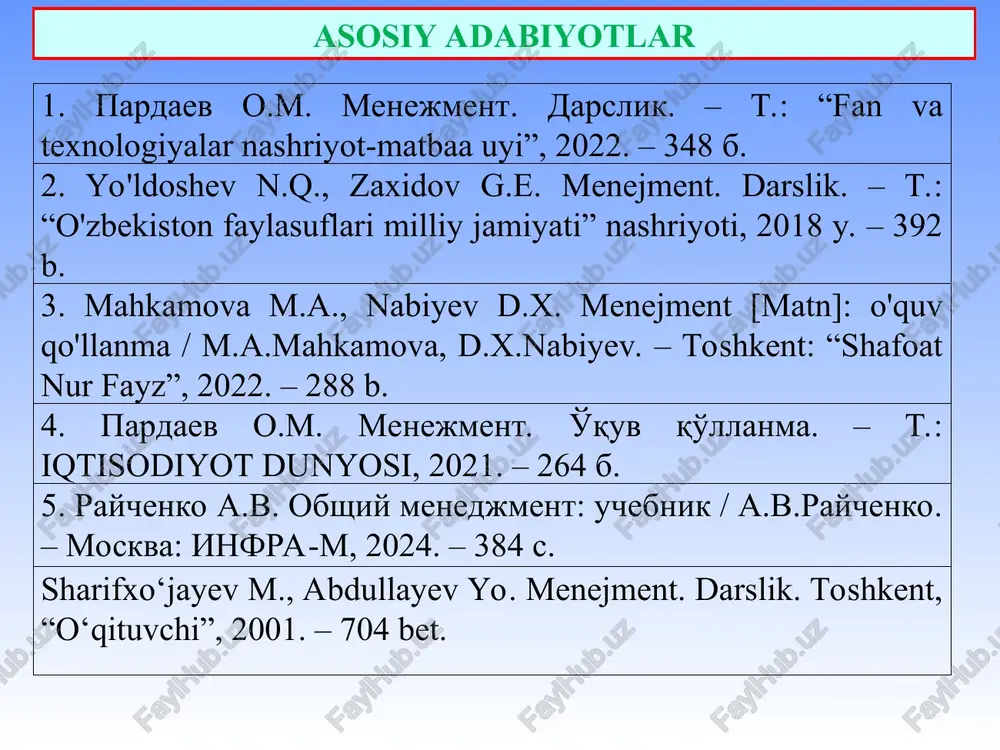 ushuniladi. boshqacha so‘z bilan aytganda, menejment — bu boshqaruv, ya’ni resurslarni, odamlarni boshqarish, samarali faoliyat olib borish, foyda olishni bilish va uni ko‘paytirish jarayonidir. boshqaruv — bu o‘ziga xos yuksak san’at va mahoratni talab qiluvchi tanlov, shu tanlov asosida qaror qabul qilish va uning bajarilishini nazorat qilish jarayonidir. 2. menejment fanining maqsad va vazifalari, obyekti va subyekti. menejment fanining maqsadi bu – boshqaruvchiga tanlovni to‘g‘ri amalga oshirishni va tanlov asosida qarorni qabul qilishni o‘rgatuvchi fandir. uning asosiy maqsadi hozirgi raqamli iqtisodiyot sharoitida barcha bo‘g‘inlarda samarali ishlay oladigan yuqori malakali boshqaruvchilarni tayyorlashdan iborat. yuqori foyda olishning uch sharti harajat – bu mahsulotni ishlab chiqarish va uni sotish hamda ish haqi to‘lashga sarflanadigan mablag‘lar yig‘indisidir. harajat tarkibiga: mahsulot (xizmat) tannarxi; ma’muriy harajatlar; ijara va foiz to‘lovlari; ish haqi; soliqlar kiradi. naf – bu mahsulot (xizmat) ning iste’molchilarga qanchalik ijobiy natija keltirishidir. haridor harid qobilyati doirasida yeng nafli molni tanlashga intiladi. shundagina u …