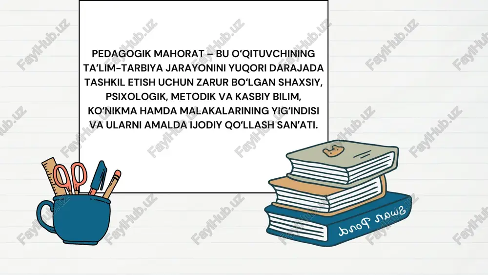 atlari ifodasi. kompetensiya — bu koʻproq faoliyat natijasi va maʼlum talablarga javob beruvchi malakalar tizimi. ular bir-birini taqozo etadi: mahorat yuqori kompetensiyani shakllantiradi, kompetensiya esa oʻz navbatida mahoratni yanada mustahkamlaydi. ​ zamonaviy oʻqituvchi oʻz faoliyatida pedagogik mahoratning barcha komponentlarini va kasbiy kompetensiyaning asosiy turlarini uygʻunlashtira olishi kerak. ​ bu ikkisi uzluksiz rivojlanish va oʻz ustida ishlashni talab qiladi. e'tiboringiz uchun rahmat