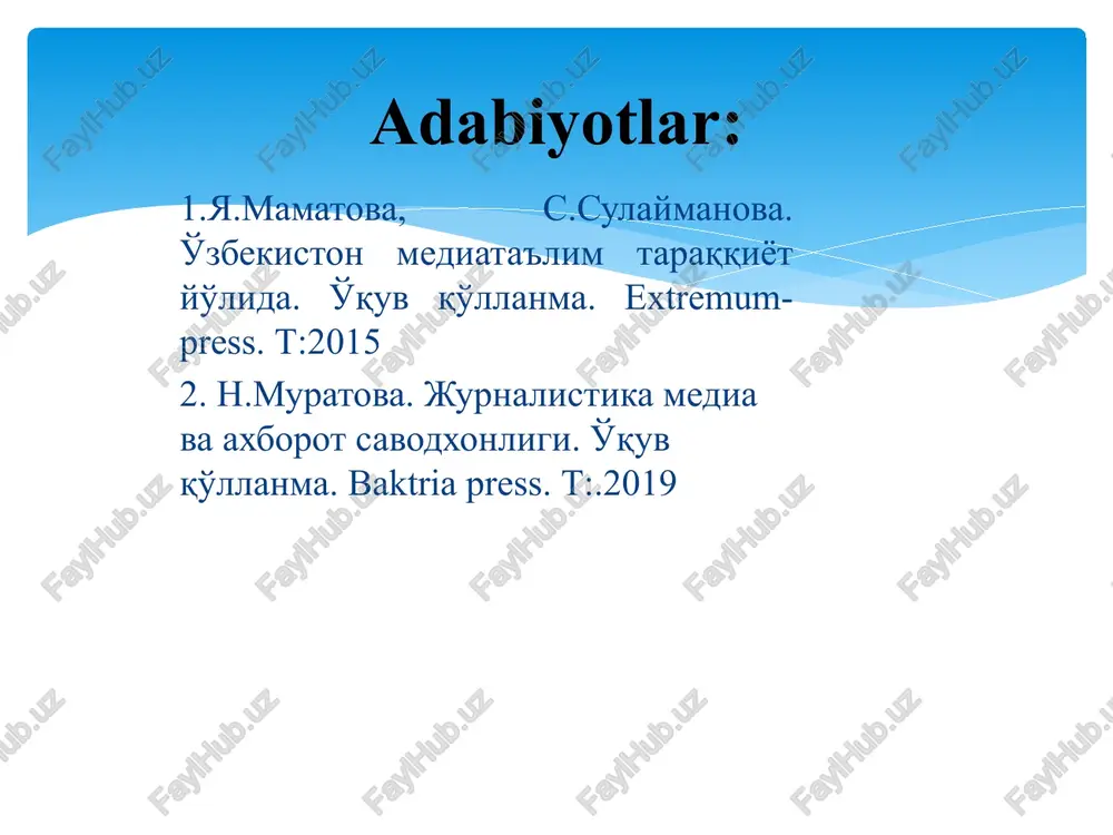 borot va madaniyatning barcha turlari, shakllari, funktsiyalari, tuzilmalarini ochib beradi. predmetning vazifalari: gumanistik funktsiya, tarjima funktsiyasi, kognitiv yoki gnoseologik funktsiya, tashkiliy-tartibga solish, me'yoriy funktsiya, semiotik funktsiya, aksiologik funktsiya. predmetning funktsiyalari: kirish tahlil qilish baxolash refleks solishtirish harakat ishlab chiqarish predmetning tamoyillari: ilmiy tadqiqotning asosiy nazariy usullari induksiya - bu fikrning xususiydan umumiyga o'tishi, individual faktlarni bilib, ularning asosidagi qonunga kelish mumkin. ilmiy tadqiqotning asosiy empirik usullari kuzatish taqqoslash o'lchov tajriba abstraktsiya predmetning metodlari: birinchidan: ommaviy axborot vositalarining har xil turlarini habar tizimini o'rganadi va ular yetkazadigan turli ahborotlarni tushunishni o'rgatadi, inson hayoti sifatini yaxshilaydi. media savodxonlik bir qator kompetensiyalarni o‘z ichiga oladi: turli ommaviy axborot vositalariga kirish, tahlil qilish, baholash, aks ettirish, yaratish va ishlab chiqarish. ikkinchidan: media va axborot savodxonligi – barcha zarur vositalardan foydalangan holda axborot va media-mahsulotlardan samarali foydalanish, tahlil qilish, tanqidiy baholash, izohlash, foydalanish, yaratish va tarqatish imkonini beruvchi bilim, ko‘nikma, munosabat, malaka va amaliyotlarni o‘rganadi. …