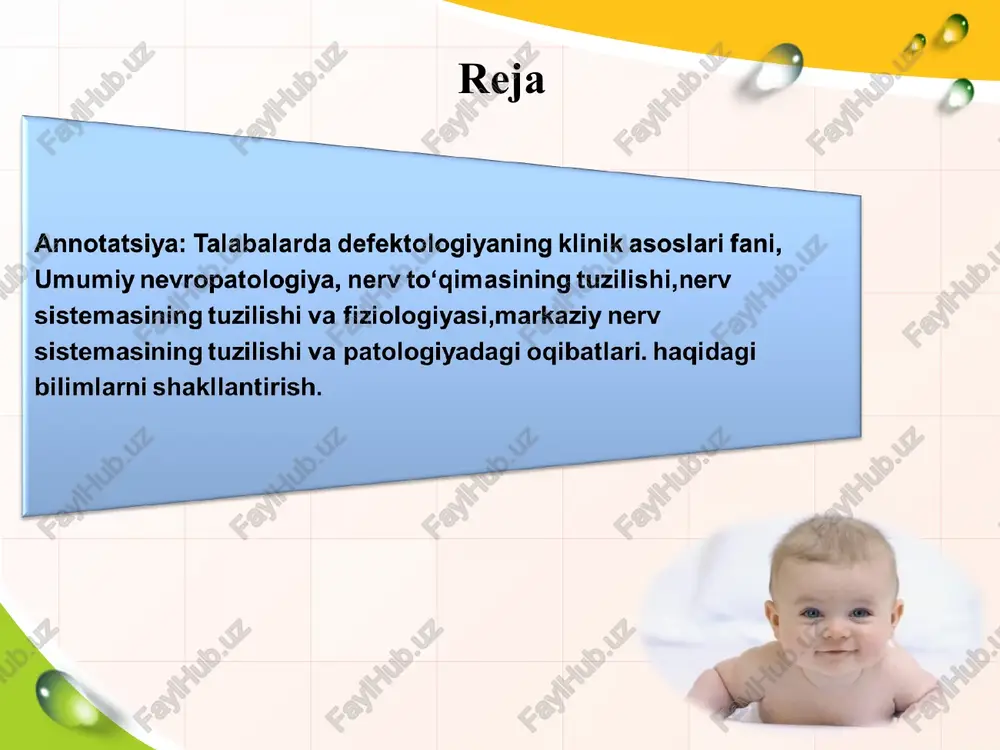 olash) usulini qo'llaganlar. bular haqida dastlabki ma'lumotlar eramizdan oldingi vi asrga borib taqaladi. xitoy tabiblari qustiruvchi dorilar, surgidan keng foydalanganlar. ayniqsa, parhezga va badanni toza tutishga katta ahamiyat berganlar. qadimgi yunon nevrologiyasi buqrot (gippokrat). tibbiѐtning otasi bo'lmish buyuk buqrot eramizgacha bo'lgan 460-377 yillarda yashagan. kos tibbiy maktabining taniqli vrachlari – uning o'g'illari fessal va draqon, kuѐvi polibl, appoloniy, deksipp va traskagorlar buqrotning shogirdlari bo'lishgan. buqrotning bizgacha 59 qismdan iborat asarlar to'plami etib kelgan. o'rta asr nevrologiyasi abu ali ibn sino nevrologiyasi rossiya nevrologiyasi o'zbekiston nevrologiyasi asosiy terminlar va tushunchalar. neyron-nerv hujayrasi bo’lib turlicha shakillarga ega. neyronning o’simtalari – akson(uzun) va dendrid (kalta). sinapslar – nerv hujayralarni bog’lanadigan joyi. nerv tolalari – sezuvchi va harakatlanuvchi. gangliya –nerv tugunlari. markaziy nerv sistema – bosh miya va orqa miya. pereferik nerv sistema –bosh miya va orqa miyadan chiqadigan nerv tolalar va nerv tugunlar. nerv tizimini nerv hujayralari va nerv tolalari. nerv sistemasi asosan …