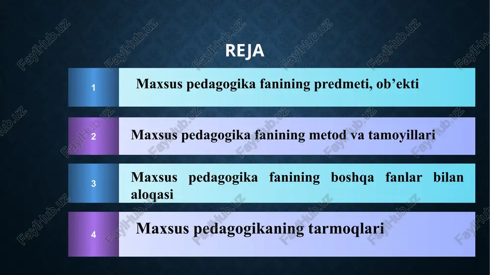 alga oshirish maqsad: shaxsni o`z-o`zini anglashi, ijtimoiy hayotga moslashuvi (imkoniyatlar cheklangan insonlarni o'z-o'zini anglash ijtimoiylashtiris va mustaqil hayot kechirishga tayyorlash) vazifalari: maxsus pedagogikaning asosiy tushunchalari nogiron nogironligi bo'lgan shaxs maxsus ta'limga (ehtiyojlarga) ega shaxs lat. tuzatish) - bolalar va o'spirinlarda psixofizik rivojlanish nuqsonlari va xatti-harakatlaridagi kamchiliklarni yumshatish yoki bartaraf etishga qaratilgan maxsus va umumiy pedagogik chora-tadbirlar tizimi. reabilitatsiya (lot. rehabilitatio — tiklash) — organizmning buzilgan funksiyalarini va bemorlarning mehnat qobiliyatini tiklash. kompensatsiya (lot. compensatio - kompensatsiya, muvozanatlash) - organizmning buzilgan yoki rivojlanmagan psixofiziologik funktsiyalarini qayta qurish yoki o`rnini bosish murakkab, ko'p qirrali jarayoni. abilitatsiya (lot. habilis - biror narsaga qodir bo'lmoq) - ta'sirlangan funktsiyaning birlamchi shakllanishi. yosh bolalar uchun ishlatiladi. korreksiya maxsus pedagogika fanining asosiy tushunchalari nuqsonni qisman yoki to‘liq bartaraf etishga qaratilgan pedagogik jarayon (alohida tovushlar talaffuzini korreksiyalash, ko‘rish jarayonidagi kamchiliklarni bartaraf etish). korreksiya o‘quv-tarbiyaviy jarayonning bir qismi bo‘lib, bolaning shaxsiyatini shakllantirishga qaratilgan pedagogik jarayon xisoblanadi maxsus pedagogika fanining …