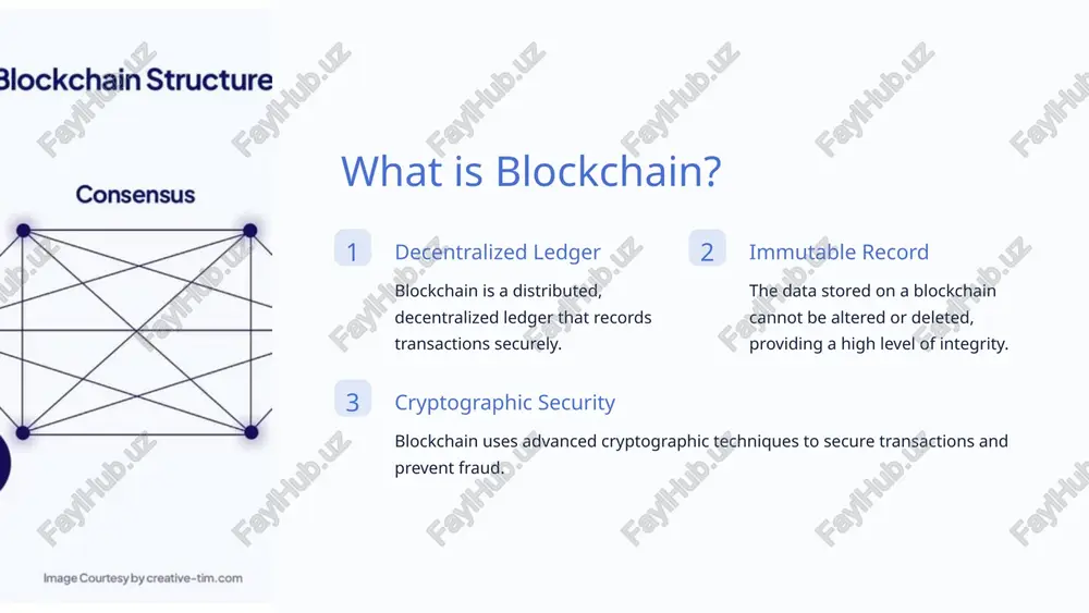 methods consume significant energy, raising environmental concerns. 6 future of blockchain 1 industry integration blockchain is expected to permeate industries like logistics, real estate, and voting systems. 2 enhanced privacy advancements in privacy-focused blockchains are foreseen, boosting user data protection. 7 conclusion transformative potential blockchain technology has the potential to transform various sectors through its unique benefits. ongoing evolution with ongoing research and development, blockchain is expected to address its current limitations. 8 image1.jpeg image2.jpeg image3.jpeg image4.jpeg image5.jpeg image6.png image7.png image8.png image9.png image10.png image11.png image12.png image13.jpeg image14.jpeg 3lockchain structure consensus image courtesy by creative-tim.com lwo the transaction is then transmitted to a network of peer-to-peer computers scattered across the world. these blocks are then chained together creating a long history of all transactions that are permanent. ((()}) raras ffecient the bar25 shnological criminal rll22 sign connection sasas ckchain the anonymous nature the system lot of of the system gives rise …
