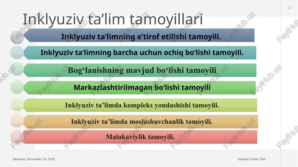 an chetda qolib ketmoqda yoki qishloqlardagi ota-onalar nogiron farzandini shaharlardagi maxsus muassasalarga qatnashlarini ta’minlash uchun qiyinchiliklarga duch kelmoqdalar. shuning uchun ham maxsus ehtiyojli bolalarni inklyuziv ta’limga jalb etish barcha hududlarda barcha maxsus ehtiyojli bolalarni qamrab olgan bo‘lishi ta’minlanishi lozim. wednesday, september 25, 2024 sample footer text 4 wednesday, september 25, 2024 sample footer text 5 bog‘lanishning mavjud bo‘lishi tamoyili. “bog‘lanish”-bu so‘zning zaminida-ommaviy binolarning sifati, ayniqsa nogiron bolalar uchun maktablarga kirishning oson bo‘lishi kabilar yotadi. bola maktab binosiga (zinapoyalar aravachada yurishga moslashtirilmaganligi sababli) kira olmaganmi yoki maktab xojatxonasi aravachada harakatlanuvchilarga moslashtirilmaganligi uchun oddiy maktabdan chiqarib tashlamasligi kerak. bu kabi qulayliklarni yaratish unchalik katta mablag‘ talab qilmaydi. yangi maktab binosi nogiron bolalarning ehtiyojlarini e’tiborga olgan holda rejalashtirilgan paytdan boshlab qurilishi kerak. albatta nogiron bolalar uchun yaxshi bo‘lgan qulayliklar normal rivojlanishdagi bolalar uchun hech bir muammo keltirib chiqarmaydi. jismonan bog‘lanishlarni yaratish inklyuziv ta’limning asosiy muammolarini hal etishga xizmat qiladi. markazlashtirilmagan bo‘lishi tamoyili. bu …