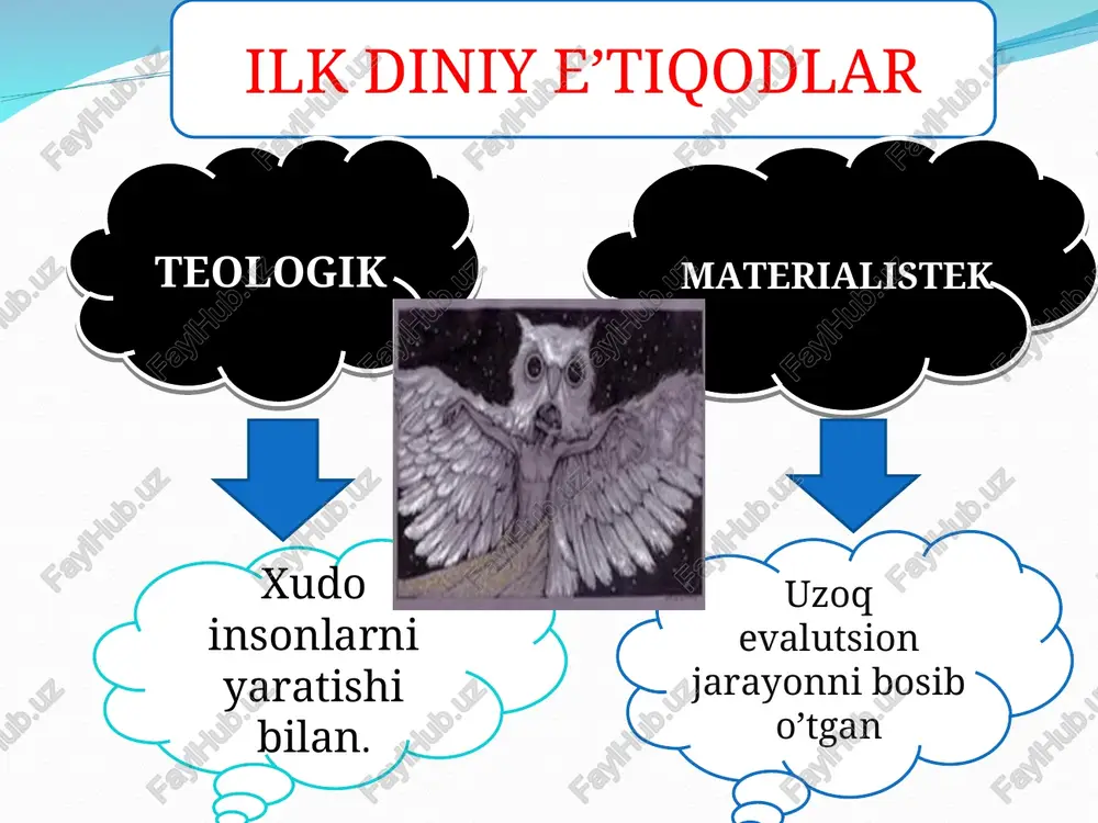an o'tib, tonggacha zulmat kuchlari bilan kurashgan. uning timsoli “anx” belgisi bo'lgan. “tot” misrliklarda barcha ijo- biy hislatlar va donish- mandlik xudosi. uni “ra”ning yordamchisi sifatida tasavvur qilishgan “pta” uni “haqiqat timsoli”, “adolat xudosi” kabi nomlar bilan atashgan. bundan tashqari “pta” xunarlar homiysi hisob- langan “anubis” o'liklar dunyosi xudosi “amon” havo va shamol xudosi hisoblangan. misr fir'avnlari uni o'z ilohiy otalari deb hisoblashgan. “sebek” kasallarga shifo va qiynalganlarning hojatini chiqaruvchi xudo. geya geya (yoki gaea) yerning birinchi sig’inish timsoli sifatida (ibtidoiy mabuda) havo, dengiz va osmon bilan birga ilk yaratilish davrida paydo bo’lgan. u barcha narsaning onasi hisoblangan: osmon xudolari uning uran (osmon) bilan ittifoqidan kelib chiqqan. dengiz xudolari esa uning pontos (dengiz) bilan ittifoqidan kelib chiqqan. afsonalarda geya osmon xudolarining asosiy raqibi sifatida gavdalanadi. u avval farzandlarini hibsda saqlagan o’zining eri uranga qarshi chiqdi. keyin esa uning o’g’li kronos xuddi shu o’g’illarini qamoqqa olish bilan unga qarshi bosh ko’tardi. …