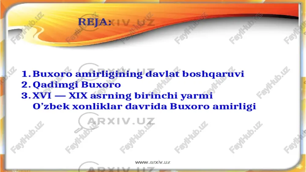 zlarga ega bo`lgan bu ikki mansab egasi mahalliy boshqaruv tizimida muhim o`rin tutgan. bularning faoliyatisiz viloyat ma`muriyatini tasavvur qilish qiyin bo`lgan. ayniqsa,viloyatlardagi fuqarolik ishlari va soliqlar yig`ishga mutasaddi bo`lgan sarkorlar hokimlarning asosiy yordamchisi bo`lgan. image3.png image4.png image5.jpeg image6.png image7.jpeg image8.png image9.png image10.png image1.png a 1.buxoro amirligining davlat boshqaruvi 2. qadimgi buxoro 3. xvi — xix asrning birinchi yarmi o’zbek xonliklar davrida buxoro amirligi wer nee xon yiguinida amaldorlarning amaliga qarab o’rni bo'lar edi. shunga ko’ra ular xonning o’ng va so’l tomonida, unga yaqinroq va uzoqroq erda o’tirardilar. ba‘zilari o'tirishar, ba’zilari esa tik turishardi. kattaroq amaldor saroyga ot mini kirsa, ba’zilart plyoda kirardi. amirlikda whe: amaldorlardan tashqari diniy ulamolar ham hukmron mavqega ega edi, ular o’zlarini muhammad payg’ambarning avlodlarimiz deb hisoblovchi aay idlar hamda choriyor halifalar - abubakr, umar, usmon va ali avlodlaridanmiz _ deyuvchi xo’jalardan iborat edi. = qo’shin askarlari, asosan, 0'q-yoy, nayza, qilich, xanjar, oybolta kabilar bilan qurollangan. manbalar …