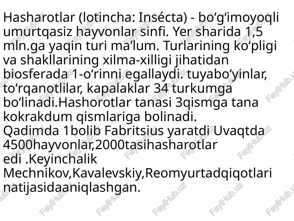 ‘liq metamorfozni o‘tab rivojlanadi. bunda, ontogenez f tocum 2% fichinka ae stadiyalarini o‘taydi. metamorfoz davriturli hasharotlarda turlicha bo'ladi. ba’zilarida lichinkalik davri ye ro) juda uzogq davom etadi, voyaga yetganda th k , qisqa umr ko‘radi. 4 pardaqanotlilar (hymenoptera) bu turkumga mansub chumolilar, arilar, qora, ari, asalari, parazitlik bilan ko‘payadigan mayda parda qanotlilar va boshqa nihoyatda xilma-xil\turlariyugori darajada taraqqiy-etgan va nerv faoliyati yaxshi rivojlangan hasharotlar hisoblanadi. 300 mingdan ortiq turi ma’lum. turkum hamma avlodlarining og‘iz organi kavshovchi - yalovchi yoki kavshovchi so‘ruvchi tipda; ikki juft qanoti pardasimon - tomirlashgan, bir qancha turlarining urg‘ochilarida tuxum qo‘yuvchi . >, _0'simta nayzaga aylangan, lichinka (qurt) larida oyoq bo‘lmaydi. x a chumolilar - engko‘p tarqalgan, polimorf (har xil individli) koloniya bo'lib yashovchi pardagqanotlilardir- bularning juda ko’‘p turlari tropik qit’alarda tarqalgan. rossiyada uchraydigan turlardan gora chumoli, o‘rmonda yashovchi qizil chumoli va boshqa bir necha xil o‘rmon zarakunandalarni qirishda ma’lum ahamiyatga ega. mazkur chumolilar koloniyasi tuproqda ancha …