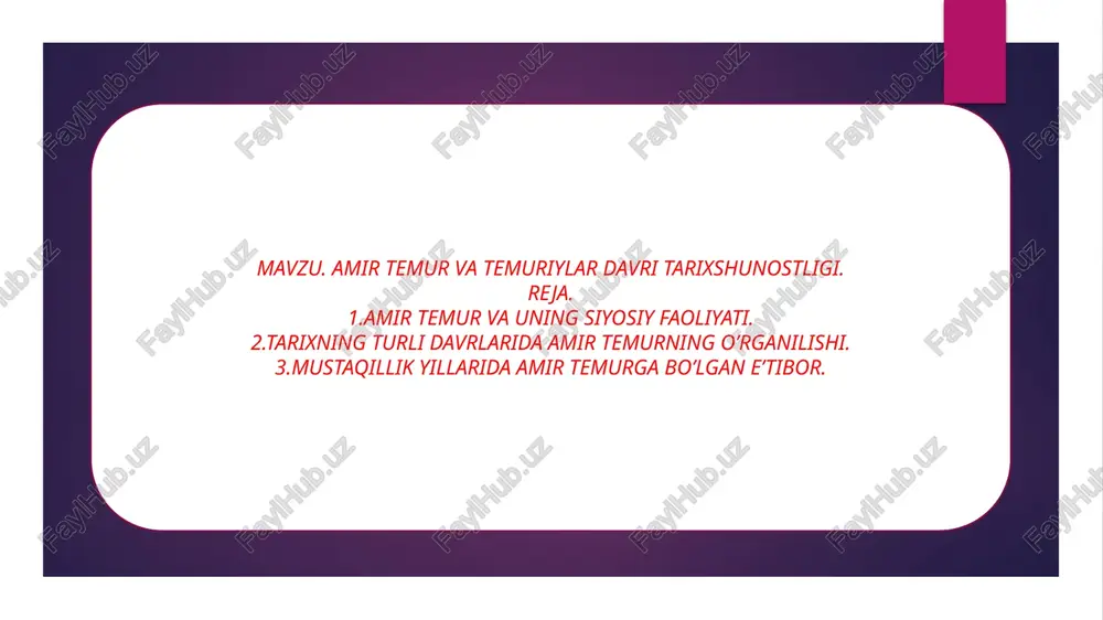 emur faoliyatining faqat bir tomoni ya`ni uning jahongirlik faoliyati yoritildi. mana endi mustakillikdan ilhomlangan respublikamiz tarixchi olimlari, keyingi 15 yil ichida sohibqiron amir temur haqida bir qancha ilmiy maqolalar e`lon qilishdi, kitob va risolalar chiqarishdi o`zbek tilida ijod qila oladigan bo`riboy ahmedov, ashraf axmedov, ahmadali asqarov, amriddin berdimurodov, abdulahad muhammadjonov, shodi karimov, rustambek shamsutdinov, turg`un fayziev va shu kabi boshqa taniqli tarixchi olimlarimizning o`tmishimizdagi oltin davr – temuriylar davri haqidagi mehnatlari ayniqsa samarali bo`ldi. o`zbekiston tarixshunosligining bu yo`nalishida, 1992 yilda bir guruh olimlar, yozuvchilar, rassomlar va jurnalistlar tarafidan ta`sis etilgan «amir temur ma`rifiy jamiyati» muhim o`rin egalladi shu tufayli mustaqil o`zbekiston yurtboshisi o`ziga xos jasorat bilan toshkentning yuragida sohibqironga haykal qo`ydirdi, 1996 yilni amir temur yili deb e`lon qildi. vazirlar mahkamasi «xalqaro amir temur jamg`armasini qo`llab-quvvatlash to`g`risida» va «temuriylar tarixi davlat muzeyini tashkil etish chora-tadbirlari to`g`risida» qarorlar qabul qildi. turkiy xalqlarning ilm-fan, madaniyat va san`at sohalarida jahon sivilizatsiyasiga qo`shgan hissalari …