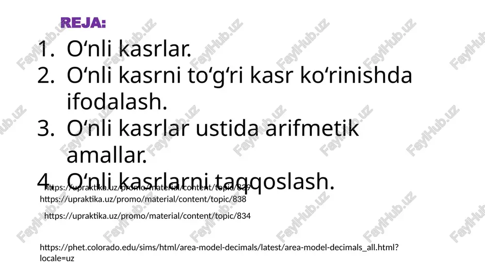 arni o'qish keling, o'nli kasrlarni o'qish qoidalari haqida bir necha so'z aytaylik. to'g'ri oddiy kasrlarga mos keladigan o'nlik kasrlar xuddi shu oddiy kasrlar kabi o'qiladi, faqat "nol butun son" qo'shiladi. masalan, 0,12 o'nlik kasr 12/100 oddiy kasrga to'g'ri keladi ("o'n ikki yuzdan" o'qing), shuning uchun 0,12 "nol nuqta o'n ikki yuzdan" deb o'qiladi. aralash raqamlarga mos keladigan o'nlik kasrlar bu aralash raqamlar bilan bir xil o'qiladi. masalan, 56.002 o'nlik kasr aralash songa to'g'ri keladi, shuning uchun 56.002 o'nli kasr "ellik olti nuqtadan ikki mingdan bir" deb o'qiladi. demak o’nli kasrlarni ,,ustun’’ usulida qo’shish amali natural sonlarni ,,ustun’’ usulida qo’shish kabi bajariladi. qo‘shish qonunlari. 1. qo’shishning o’rin almashtirish qonuni. o’nli kasrlarni qo’shishda qo’shiluvchilarning o’rni almashgani bilan yig’indi o’zgarmaydi. 2. qo’shishning guruhlash qonuni. qo’shishning guruhlash qonuni natural sonlar va oddiy kasrlarda bo’lgani kabi o’nli kasrlar uchun ham o’rinlidir. 3-misol. yig’indini hisoblang: 6,53+2,6+3,47. yechilishi. 1-usul. 6,53+2,6+3,47=(6,53+3,47)+2,6=10+2,6=12,6; 2-usul. 6,53+2,6+3,47=(6,53+2,6)+3,47=9,13+3,47=12,6; 3-usul. 6,53+2,6+3,47=6,53+(2,6+3,47)=6,53+6,07=12,6. ixtiyoriy a, b …