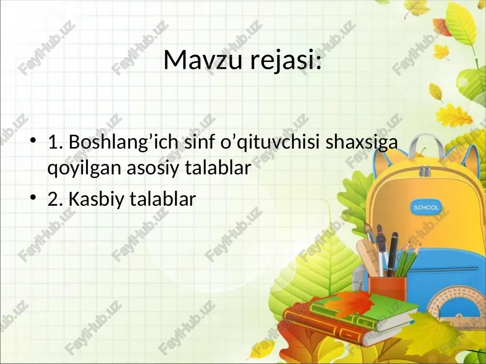 ktiv o'zini o'zi baholash istagi o'qituvchining etuk pedagogik faoliyatini tavsiflaydi. pedagogik ko'nikmalarning birinchi guruhi pedagogik vaziyatda muammoni ko'rish va uni pedagogik vazifalar shaklida tartibga solish qobiliyati; pedagogik vazifani belgilashda talabaga o'quv jarayonining faol rivojlanayotgan sherigi sifatida e'tibor qaratish qobiliyati; pedagogik vazifalarni bosqichma-bosqich va tezkor ravishda konkretlashtirish, noaniqlik sharoitida maqbul pedagogik qaror qabul qilish, pedagogik vaziyat o'zgarganda pedagogik maqsad va vazifalarni moslashuvchan ravishda qayta qurish qobiliyati; qiyin pedagogik vaziyatlardan munosib chiqish qobiliyati; pedagogik muammolarni hal qilishning yaqin va uzoq natijalarini oldindan bilish qobiliyati va boshqalar. pedagogik ko'nikmalarning ikkinchi guruhi pedagogik ko'nikmalarning uchinchi guruhi: psixologiya va pedagogikaning hozirgi holatida psixologik va pedagogik bilim va xabardorlikdan, ilg'or pedagogik tajribadan foydalanish qobiliyati; pedagogik bilim pedagogik maqsadlarni belgilash o'qituvchining pedagogik tafakkuri pedagogik sezgi pedagogik improvizatsiya pedagogik optimizm pedagogik topqirlik pedagogik bashorat, bashorat qilish pedagogik aks ettirish rahmat diqqat uchun! ¢ "nimani ¢ "kimni ¢ "qanday o'rgatish o'rgatish o'qitish kerak"kichik kerak" kichik kerak"kichik guruhi guruhi guruhi …