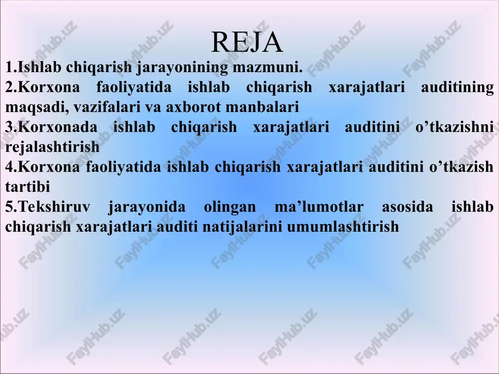 rining yuzaga chiqishi va javobgarlik markazlari bo’yicha hisobga olish va soliq to’lanadigan bazaning aniq hisob-kitobini yuritish va bu orqali ishlab chiqarish xarajatlari hamda korxona sarflarini boshqarishni tashkil etishdan iborat ishlab chiqarish xarajatlari va mahsulotlar tannarxini hisoblashni auditorlik tekshiruvidan o’tkazishda quyidagi vazifalar mavjud: -ishlab chiqarish xarajatlarini o’rganish va ularning holatiga baho berish; -mahsulot tannarxini pasaytirish bo’yicha belgilangan rejaning bajarilishi va dinamikasini nazorat qilish; -ishlab chiqarish xarajatlarining iqtisodiy elementi va kalkulyatsion moddalari bo’yicha o’rganish va ularga baho berish; -tannarxning o’zgarish sabablarini aniqlash va unga ta’sir etuvchi omillarni miqdor jihatidan hisoblash; -ayrim turdagi mahsulot tannarxini xarajat moddalari bo’yicha tahlil etish; -tannarxni pasaytirish bo’yicha mavjud imkoniyatlarni aniqlash va boshqalar. korxonalarda ishlab chiqarish xarajatlari hisobini tartibga soluvchi asosiy hujjat- o’zbekiston respublikasi vazirlar mahkamasining 1999 yil 5-fevraldagi 54-sonli qarori bilan tasdiqlangan «mahsulot(ish,xizmat)larni ishlab chiqarish va realizatsiya xarajatlarining tarkibi hamda moliyaviy natijalarni shakllantirish tartibi to’g’risidagi nizom» bo’lib hisoblanadi. moliya-xo’jalik faoliyati bilan bog’liq barcha xarajatlar quyidagilarga guruhlanadi: 1. …