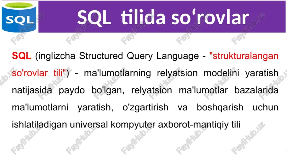 by amount, city 9 sql tilida so‘rovlar 6. saralash yo'nalishi ko’rsatilishi jimlik bo‘yicha order by operatori o'sish tartibida saralashaydi, qiymatlarning kamayish tartibida saralash ham mumkin. buning uchun har bir maydonning oxiriga desc operatori (bu descending so'zining qisqartmasi)qo'yiladi. select * from sumproduct order by amount desc, city 10 sql tilida so‘rovlar ko'pgina hollarda, barcha yozuvlarni emas, faqat ma'lum mezonlarga javob beradiganlarini olish kerak bo‘ladi. buning uchun, sql-da tanlashni filtrlash uchun maxsus where operatori mavjud. select maydon…. from table_name where predicate select * from mytable where mycol > 100 11 sql tilida so‘rovlar 7. where operatori bilan oddiy filtrlash masalan, jadvaldan faqat ma'lum bir mahsulotga tegishli yozuvlarni tanlaymiz. buning uchun product ustuni qiymatni bo'yicha filtrlaydigan qo'shimcha filtrlash parametri ko‘rsatiladi. matn qiymatlarini tanlash bo'yicha so'rov: select * from sumproduct where product = 'bikes' 12 sql tilida so‘rovlar select * from sumproduct where product = 'bikes' 13 sql tilida so‘rovlar select * from sumproduct …