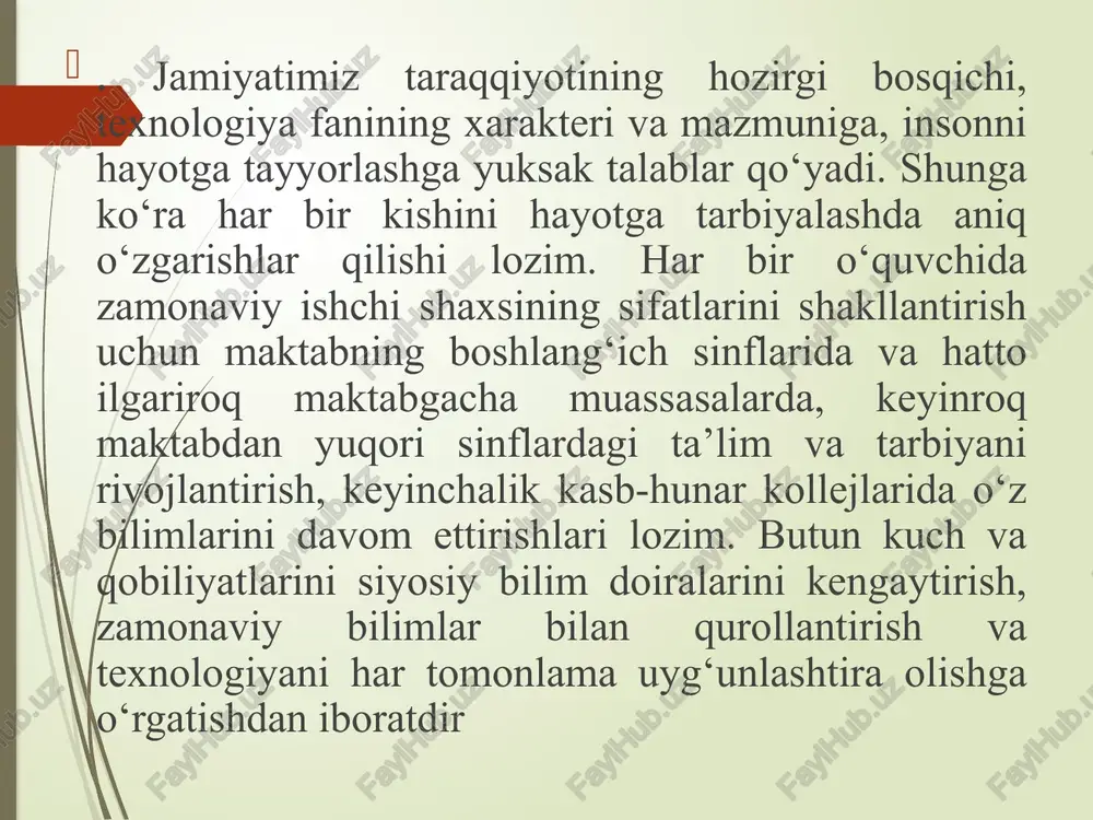 foydalanish), ish o‘rnini ozoda tutish, texnologiya (ish) qurollariga ehtiyotkorona munosabatda bo‘lish, boshlangan ishni natijalash, uning samarali bo‘lishiga erishishga yo‘naltirilgan faoliyat ko‘rsatkichidir. texnologiya madaniyati tushunchasi o‘zida yana o‘quvchining mustaqil harakat olib borishini, texnologiya qilishi va dam olishini to‘g‘ri tashkil eta olishni ham aks ettiradi. texnologiya darsga ruhiy tayyorlash – o‘quvchilarning yoshiga mos keluvchi ongli va ijobiy xususiyatlarni tarkib toptirish, o‘quvchilarning texnologiya malaka va ko‘nikmalarini egallashga qiziqishini shakllantirishdan iboratdir. o‘qituvchining vazifasi o‘quvchilarga yoshligidan boshlab texnologiya malaka va ko‘nikmalarini shakllantirish bilan birga o‘quvchilarning texnologiyaga qobiliyatini shakllantirish, jamiyat rivojlanishi uchun ishlab chiqarishda qatnashish zarurligini tushuntirish juda muhimdir. texnologiyaga ruhiy tayyorlash o‘quvchilardagi turli psixologik jarayonlarni rivojlantirishni va takomillashtirishni nazarda tutadi. bular: sezib-anglash, psixomotor, emotsional-idrok, diqqat, xotira, taffakkur – texnologiyaning psixologik komponentlaridir. o‘quvchilarni texnologiyaga o‘rgatishda uning ruhiy imkoniyatlarini nazarda tutib, hissiy bilish jarayonini takomillashtirish zarur. bundan tashqari bolaning xotirasini o‘stirish ham alohida ahamiyatga ega. chunki, texnologiya faniga oid materiallarni eslab qolish va amaliy ishlarni bajarish boshqa …