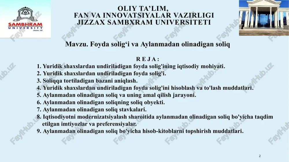 irlashmalarda yaratilgan qo'shimcha qiymatning bir qismi foydani qonun doirasida belgilangan chegaralarda majburiy to'lov sifatida davlat byudjeti ixtiyoriga o'tkazilishi bilan bog'liq pul munosabatlari tushuniladi. 4 oliy ta’lim, fan va innovatsiyalar vazirligi jizzax sambxram universiteti 1. yuridik shaxslardan undiriladigan foyda solig'ining iqtisodiy mohiyati. amaliyotda soliq qonuniyatlaridan kelib chiqqan holda foyda solig'i deganda korxona, tashkilot va birlashmalaming ishlab chiqarish faoliyatidan qo'lga kiritilgan foydasidan tashqari qimmatli qog'ozlar operatsiyalarida (aksiya, obligatsiyalarini chiqarish va joylashtirishdan olgan devidendlar yoki foizlar ko'rinishidagi daromadlar) daromadlar, shuningdek, boshqa korxonalar faoliyatiga qatnashishdan qo'lga kiritilgan daromadlar ham e'tiborga olinadi. foyda solig'i korxonalar to'laydigan bevosita (to'g'ri) soliqlaming eng muhimlaridan biri hisoblanadi. ushbu soliqning xarakterli xususiyatlari quyidagilardan iborat: «ushbu soliq faqatgina korxona soliqqa tortiladigan daromadga (foydaga) ega bo'lsagina hisoblanadi, korxonaning zarari soliqqa tortiladigan bazadan kichik bo'lganda ushbu soliq mavjud bo'lmaydi. demak, daromad (foyda) solig'ini to'lashning muhim sharti bo'lib korxonalaming rentabelli ishlab o'z faoliyatlaridan foyda olishlari hisoblanadi; 5 oliy ta’lim, fan va innovatsiyalar vazirligi jizzax …