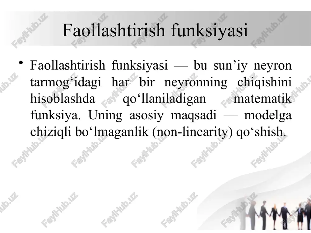 : agar signal kuchli bo‘lsa → neyron faollashadi (chiqishi bor) agar kuchsiz bo‘lsa → neyron jim turadi (chiqishi 0 yoki kichik) faollashtirish funksiyasi asosiy vazifalari 2. chiziqsizlik (non-linearity) kiritish faollashtirish funksiyasi neyron tarmoqqa chiziqsiz xatti-harakat olib kiradi. bu esa modelga murakkab naqshlar va munosabatlarni o‘rganishga imkon beradi. agar faollashtirish funksiyasi chiziqli bo‘lsa (ya'ni, f(x) = x), tarmoq nechta qatlamli bo‘lsa ham bir xil natija beradi! faollashtirish funksiyasining asosiy vazifalari agar neyron tarmoqda faqat chiziqli funksiyalar ishlatilsa, u har qanday chuqur tarmoqni bitta oddiy chiziqli modelga aylantiradi. bu esa murakkab muammolarni (masalan, rasmni tanish, tilni tushunish) hal qila olmaydi. shuning uchun, faollashtirish funksiyasi yordamida modelga mantiqiy qarorlar qabul qilish, murakkab naqshlarni o‘rganish imkoniyati beriladi. faollashtirish funksiyasining asosiy roli neyronning chiqishini belgilash — har bir neyron kirish ma’lumotlarini vazn bilan ko‘paytiradi, yig‘adi, va so‘nggi natijani faollashtirish funksiyasi orqali o‘tkazadi. chiziqsizlik qo‘shish — real hayotdagi ko‘p masalalar chiziqli emas. model bunga moslashishi uchun …