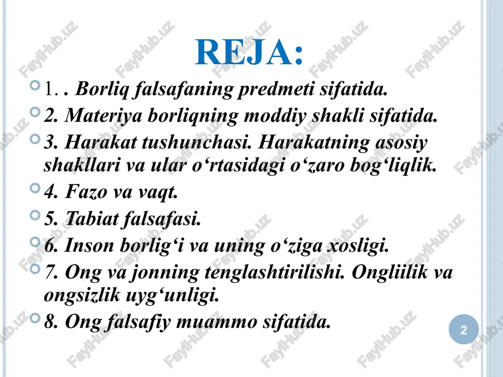 borliqning har ikki shakliga oid tomonlar bilan birga, ijtimoiy-tarixiy taraqqiyot mahsuli sifatida unda ijtimoiy va ma’naviy borliqning ham barcha shakllariga xos tomonlarning yig`indisi majassamlashgandir. * inson til insonning fikrlash faoliyati amalga oshuvchi muhim shakl hisoblanadi. ong nafaqat insonning mehnat faoliyati, balki odamlar o‘zaro aloqasi va muloqotining universal vositasi – til bilan ham uzviy bog‘liqdir. mehnat tilni rivojlantiradi va boyitadi. inson borlig`i jamiyat taraqqiyotining birdan bir manbaidir. ijtimoiy borliq hodisalarning barcha turlarini o`z ichiga qamrab oladi.jamiyatdagi barcha hodisalar * ma`naviy borliq borliq faqat moddiy shaklda emas, ma’naviy, ruhiy shaklda ham namoyon bo`ladi. ma’naviy borliq inson tomonidan yaratilgan rang-barang madaniyat va san’at asarlari, til, ilmiy kashfiyotlar, g`oyalar, axloq-odob qoidalari, falsafiy, estetik, badiiy, siyosiy, tafakkurlash madaniyati, ruhiy kechinmalar, diniy tasavvurlar, tushunchalar va h.k. majmui kiradi. * falsafada substansiya muammosi falsafa tarixida o‘zining mavjudligi uchun o‘zidan boshqa narsaga muhtoj bo‘lmagan birinchi asosni ifodalash uchun “substansiya” (lot. substantia – mohiyat, asos) kategoriyasi qo‘llaniladi. ilk falsafiy …