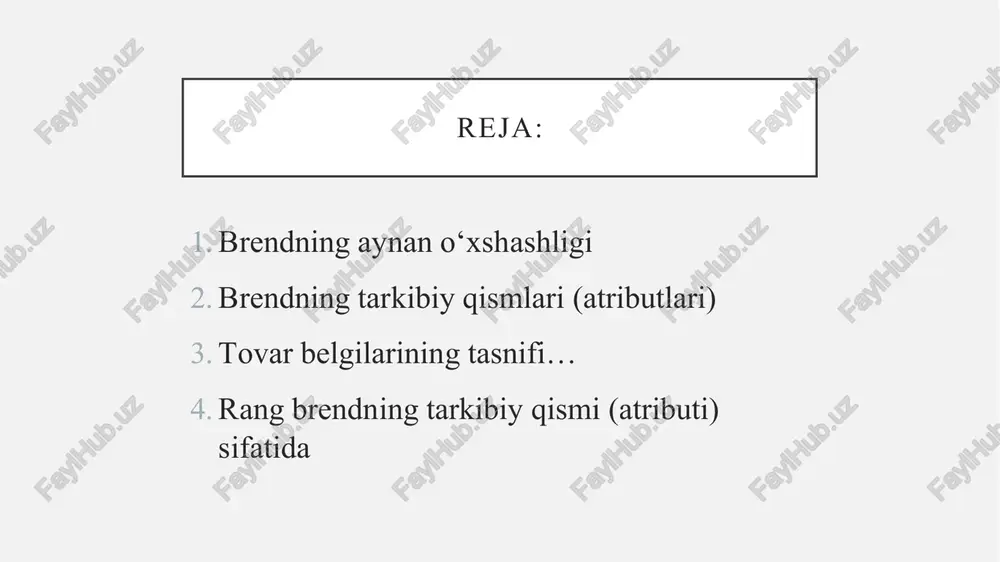 sifatida aks ettiruvchi, uni raqobatchilardan farqlashga xizmat qiladigan strategik yo‘nalishdir. brendning tarkibiy qismlari (atributlari) brend tarkibiy qismlari (atributlari) (brand attributes) – tovarga yoki xizmatga daxldor bo‘lgan tavsifnomalar to‘plami. odatda brend atributlari qatoriga tovarning tashqi ko‘rinishi, uning tavsifnomalari, brend nomi, personajlari, o‘rovi va h.k. kiritiladi. brend nomi – shunday elementki, biron-bir brend uningsiz bo‘la olmaydi. bu brend haqida birinchi bo‘lib bilib olinadigan va o‘zining birinchi taassurotini shakllantiradigan narsadir. brend nomini ishlab chiqishda uchta asosiy talablar guruhini hisobga olish zarur. umumiy talablar (rasmiy): marka nomi qisqa va sig‘imi katta bo‘lishi lozim; marka nomi eshitilishi bo‘yicha raqobatchilar marka nomidan farq qilishi lozim; marka nomi ekspressiv, emotsional ifodali va ijobiy bo‘yoqlarda bo‘lishi lozim; bosma nom oson o‘qilishi va aytilishi lozim. b. mazmunga oid talablar: joylashtirish asosiy g‘oyasi; raqobatchilardan asosiy farqi; iste’molchi oladigan asosiy foyda yoki afzallik; tovar sifatining yuqoriligi va (yoki) xizmat ko‘rsatish darajasi yuqoriligidan dalolat; iste’molchilar nuqtai nazaridan brendning asosiy qiymati; iste’molchilar turmush …