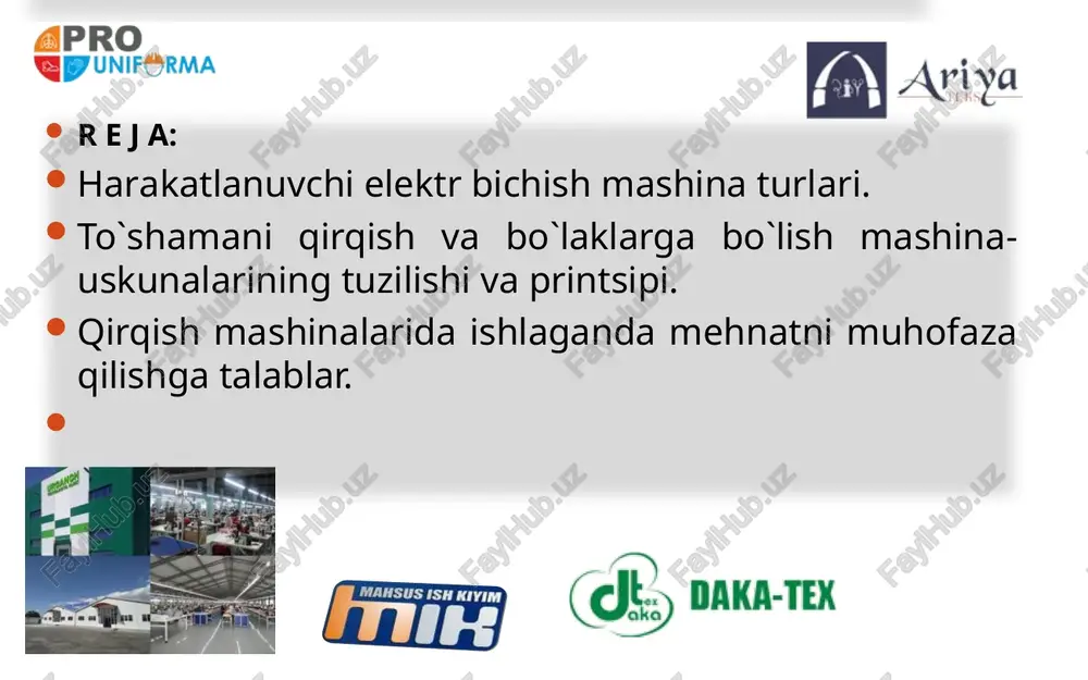 rqiladi.bu ikkala mashinaning konstruktsiyasi bir xil bo`lib, faqat ikkinchi mashina pichog`ining harakatlanish yo`li uzunroq bo`ladi. ikkala valik orasidan o’tkazib bichish sxemasi gazlamalarni elektr uchquni bilan bichish vxr da pichoq tig`i bo`ylab ilgarilanma harakat qilish bilan bir vaqtda aylanib ham turadigan ikkita qayroq tosh vositasida avtomatik charxlanib turadigan pichog`i bor s -529 mashinasining bir necha variantlarini ishlab chiqarish o`zlashtirilgan. kuybishev shahridagi 10-mexanika zavodi balandligi 40 mmgacha bo`lgan yengil materiallar (shoyi, krepdishen, trikotaj) to`shamasini qirqadigan disk pichoqli ezdm-3 elektr bichish mashinasi ishlab chiqaradi. ezdm-3 disk pichoqli ko’chma bichish mashinasi. kuybishev shahridagi 10- mexanika zavodi sintetik tolali materiallar to`shamalarini qirqish uchun ezdm- 4 mashinasini ishlab chiqaradi. bu mashina ezdm-3 mashinasidanaylanma pichoqni charxlash formasi bilan va pichoqni sovitish uchun maxsus sistemasi borligi bilan farq qiladi. bu zavod, shuningdek qalinligi 12 mm gacha bo`lgan buyum detallari qirqimlarini aniqlab qirqish uchun om-3 mashinasini ishlab chiqaradi. om-3 mashinasida diametri 80 mm bo`lgan aylanma diskli pichog`i bor; mashinaning …