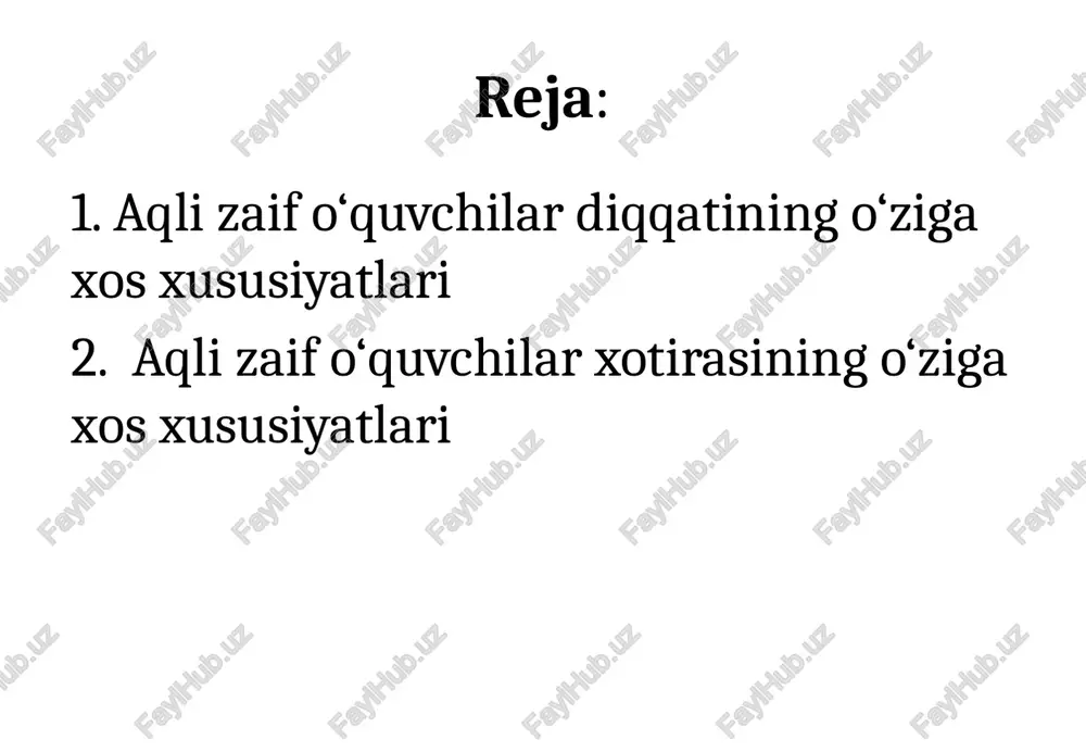 nidan o’tmish tajribalari va ma’lumotlarni eslab qolish, esda saqlash, yodga olish vazifalarini bajaruvchi psixik jarayondir. ma’lumotning xotirada saqlanish muddatiga ko’ra xotira turlari 3 ga bo’linadi: qisqa muddatli aytilgan ma’lumotni eslab qolib, takrorlab aytishga xizmat qiladi. ma’lumotning saqlanish vaqti maksimum 20 sekund. uzoq muddatli xotirada uzoq muddat saqlanadigan, tizimlashtirilgan, doimiy takrorlanib boriladigan ma’lumotlar majmuidir. operativ inson uchun ahamiyatli va muhim ma’lumotni saqlashga xizmat qiladi. ma’lumotlar 40 minutdan bir necha sutkagacha xotirada qolishi mumkin. ma’lumotni eslab qolish va qayta eslashda ishtirok etuvchi yetakchi analizator turiga ko’ra xotira turlari 6 ga bo’linadi: harakat xotirasi ta’m xotirasi hid bilish xotirasi ko’ruv xotirasi taktil xotira eshituv xotirasi bundan tashqari ko’rgazmali-obrazli, og’zaki-mantiqiy va emotsional xotira turlari ham farqlanadi. ko’rgazmali-obrazli xotira atrof-olamda ko’rgan barcha narsalarni eslab qolish imkonini beradi. og’zaki-mantiqiy xotira mavhum tushunchalar, sxema, formula, terminlani eslab qolishga yordam beradi. emotsional xotira boshdan kechirgan hissiyotlarni eslab qolishni ta’minlaydi. aqli zaif o’quvchilar xotirasining o’ziga xos xususiyatlari quyidagi 3 …