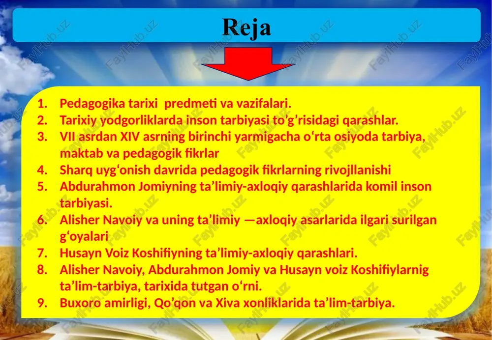 itobi -«avesto»ning markaziy osiyoga, eronga yoyilishi bilan boshlanadi. vi-viiasrlar markaziy osiyoda islom dinining yoyilishi bilan xarakterlanadi. vii-xii asrlar davomida markaziy osiyoda madaniyat, ilm-fan beqiyos rivojlanib bordi. ayniqsa, aniq fanlarga qiziqish keskin ortdi. o’sha davrda al-xorazmiy, al-kindiy, zakariya ar-roziya, al-beruniy, al-farg’oniy, ibn sino, az-zamaxshariy singari qomusiy olimlar dunyoga keldi. xv-xvi asrlarga kelib turkiy xalqlar qozizoda rumiy, ulug’bek, ali qushchi, haydar xorazmiy, lutfiy, navoiy, bobur, abulg’oziy bahodirxon singari allomalarni voyaga yetkazdi. shunday qilib, o’tmishdagi progressiv pedagoglar va atoqli mutafakkirlarning ta’lim-tarbiyaga oid fikrlarini o’rganish pedagogik tafakkurning o’sishiga, pedagoglik madaniyatining ortishiga imkon berdi. pedagogika tarixi jamiyat taraqqiyoti qonunlariga tayangan holda turli pedagogik nazariyalarni, ta’lim-tarbiyaning mazmun va metodlarini o’rganish haqida bahs yuritadi. o’tmishning pedagogik tizimlaridagi ilg’or va progressiv fikrlarning hammasidan ijodiy foydalanadi. demak, pedagogika tarixi ijtimoiy fandir. u tarixiy pedagogik hodisalarga davr talabi asosida yondashadi, tarbiya nazariyasi va amaliyotini turli bosqichlarda xilma-xil bo’lganligini ochib beradi, ilg’or qarashlarning taraqqiyot yo’lini ko’rsatib beradi. pedagogika tarixini o’rganish o’qituvchilarning …