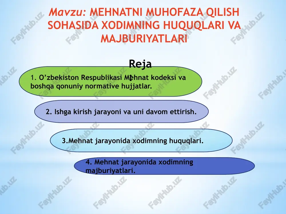 ob. xodimning ish beruvchi bilan mehnatga oid aloqasi xususiyatiga va o‘z mehnat faoliyatini amalga oshirish joyiga bog‘liq holda mehnatni huquqiy jihatdan tartibga solishning o‘ziga xos xususiyatlari 27-bob. xodimning mehnat sharoitlari bilan bog‘liq bo‘lgan mehnatni huquqiy jihatdan tartibga solishning o‘ziga xos xususiyatlari 28-bob. xodim mehnatining xususiyati bilan bog‘liq bo‘lgan mehnatni huquqiy jihatdan tartibga solishning o‘ziga xos xususiyatlari 29-bob. mikrofirmalarda va ish beruvchi bo‘lgan jismoniy shaxslarda ishlovchi shaxslar mehnatini huquqiy jihatdan tartibga solishning o‘ziga xos xususiyatlari 30-bob. chet el fuqarolari va fuqaroligi bo‘lmagan shaxslar mehnatini huquqiy jihatdan tartibga solishning o‘ziga xos xususiyatlari 31-bob. umumiy qoidalar 32-bob. xodim tomonidan mehnat huquqlarini o‘zi himoya qilishi 33-bob. mehnat to‘g‘risidagi qonunchilikka, mehnat haqidagi boshqa huquqiy hujjatlarga hamda mehnatni muhofaza qilish qoidalariga rioya etilishi ustidan nazorat va tekshiruv 34-bob. mehnat nizolarini ko‘rib chiqish 20-bob. mehnatni muhofaza qilish 1-§. umumiy qoidalar 351-modda. mehnatni muhofaza qilish tushunchasi mehnatni muhofaza qilish mehnat jarayonida insonning xavfsizligini, hayoti va sog‘lig‘i, ish qobiliyati …