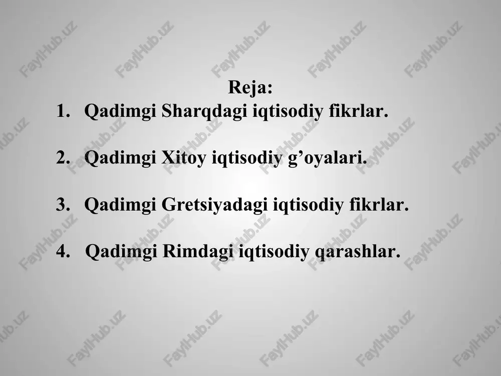 og‘ir gunoh hisoblanadi. “avesto”dagi iqtisodiy fikrlar «avesto»da tasvirlangan ilk davlatchilik asoslarining vujudga kelish davrlari ko‘rinishlari birinchi davr ikkinchi davr uchinchi davr eng qadimgi davr bo‘lib, bunda adolat va insoniy baxt-saodat hukmron bo‘lgan. yaxshilik ruhlari bilan yomonlik ruhlari o‘rtasidagi adolat uchun kurash davom etgan. aql-idrok va adolat tantana qilib, dehqon-lar badavlat, davlatning siyosiy va qonun-chilik tizimini mustahkam bulishi uchun yaxshilik ta’limini va sadoqatini amalga oshiruvchi hokimlar hukm yuritgan. “avesto”dagi miloddan avvalgi vii-vi asrlarda davlat va uning hududiy boshqaruv tizimi uy egasi qishloq oqsoqollar kengashi nmanapati uy–qo‘rg‘on jamoasi qishloq jamoasi oqsoqoli bir necha qishloq jamoalari hanjmana vispati boshqaruv tartibi «avesto» tushunchalari viloyatlar hokimi viloyatlar hukmdori viloyat (bir necha tuman) viloyatlar mamlakat (qabilalar ittifoqi) mamlakat hukmdori va oqsoqollar kengashi dax’yupati daxiyusastar kavi, dax’yupati “avesto”dagi miloddan avvalgi vii-vi asrlarda xususiy mulk turlari xususiy mulk uy-joy ekin yerlari oziq-ovqat mahsulotlari, hunarmandchilik buyumlari va anjomlari chorva ishlab chiqarish vositalari va qurollari, barcha ro‘zg‘or va shaxsiy buyumlar …