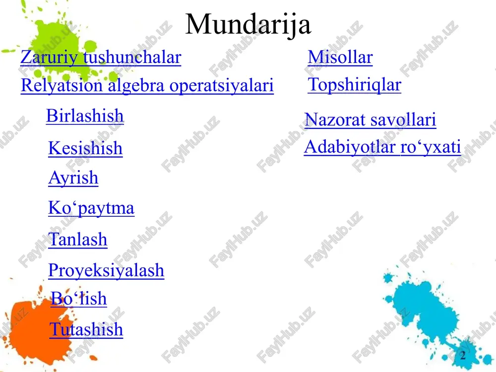 magan kortejlardan iborat munosabatga aytiladi. № tovar n1 olmalar n3 armut n4 olxo'ri n5 ananaslar n7 mandarinlar n10 yong'oq № tovar n1 olmalar n2 apelsinlar n4 olxo'ri n6 uzum n8 o'riklar n9 bananlar ko‘paytma 8 ikki kortejning tutashtirilishi deb, birinchi kortejning oxirgi atributidan keyin ikkinchi kortejning atributlarini joylashtirish orqali hosil qilingan kortejga aytiladi. ikkita r1 va r2 munosabatlarning ko‘paytmasi deb, kortejlar to‘plami birinchi r1 munosabat va ikkinchi r2 munosabatning kortejlarini tutashtirish natijasida olingan kortejlar bo‘lgan munosabatga aytiladi. № tovar n1 olmalar n3 armut n4 olxo‘ri magazin kopeyka monetka № tovar magazin n1 olmalar kopeyka n1 olmalar monetka n3 armut kopeyka n3 armut monetka n4 olxo‘ri kopeyka n4 olxo‘ri monetka ikki munosabat ko‘paytmasini olish uchun ular bir xil atribut nomlariga ega bo'lmasligi kerak. tanlash 9 munosabatni qandaydir shartga ko‘ra tanlash deb, aynan shu sxemaga ega bo‘lgan, kortejlari shu shartni qanoatlantiradigan yangi munosabatga aytiladi. № tovar n1 olmalar ikki tanlash amalining ketma-ket …