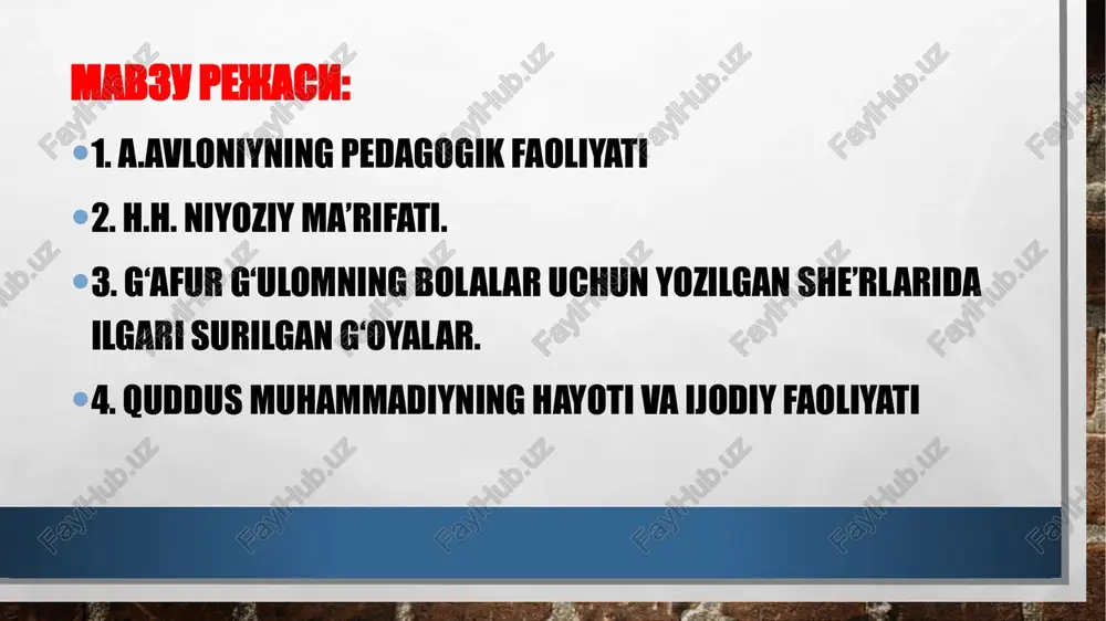 eidan qat’iy nazar, avvalo, inson farzandi va insoniylikni belgilovchi sifatlar shu sababli ham barcha uchun mushtarakdir. hamza hakimzoda – ma’rifatparvar bolalar shoiri (1889-1929) hamza hakimzoda niyoziy bor-yo‘g‘i 40 yil umr ko‘rgan bo‘lsa-da, butun hayotini xalqqa xizmat qilish uchun bag‘ishlagan olovqalb shoir va dramaturgdir. shu bilan birga u tarbiyachi, murabbiy, jamoat arbobi sifatida nom qoldira oldi. hamza o‘z xalqiga ilm-ma’rifat tarqatish uchun, xalqining ozod hayot kechirayotganini ko‘rish uchun shaxsiy manfaatlaridan butkul voz kecha olgan yozuvchidir. hamza o‘zining pedagogik faoliyatini 1910-yilda toshkentda qashqar mahallasida maktab ochib, bolalarni o‘qitishdan boshlaydi. shu yilning oxirlarida u qo‘qondagi mahalliy rus-tuzem maktabida muallim bo‘lib ishlaydi va 1911- yilda yangi maktab ochib, ta’lim-tarbiya ishlariga ba’zi o’zgartirishlar kiritadi. o‘quvchilarning o‘rganayotgan materialni quruq yod olishi foydasiz ekanligini aytib, sinfdan tashqari mashg‘ulotlarga ko‘proq e’tibor beradi, ona tili darslarini 122 ko‘paytiradi, yangi darsliklar yozadi. hamza 1914-yilda qo‘qonga qaytib keladi va kambag‘al yetim bolalar uchun maktab ochishga harakat qiladi. nihoyat, “dorul yatim” ya’ni, …