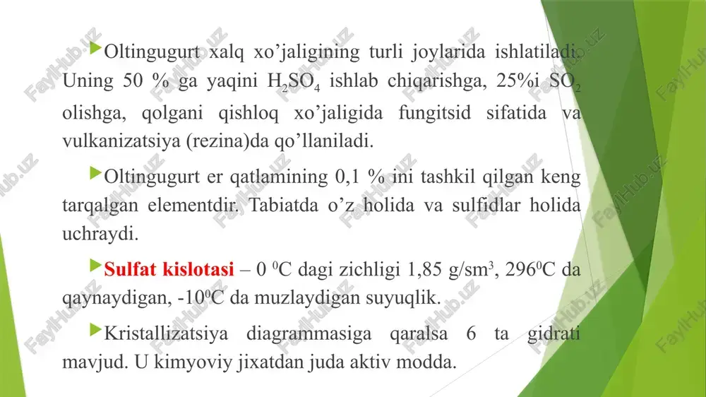 ltingugurt (iv)-oksidi ishlab chiqarish asosiy xom ashyo sifatida pirit minerali ishlatiladi. pirit atmosfera bosimida, havo kislorodi yordamida yondiriladi. 4fes + 11o2 = 2fe2o3 + 8so2 + q pechdagi harorat 500 0s gacha kizdirilganda pirit dissotsiyalanib, quyidagicha uzgarishlarga uchraydi: 2fes = 2fes + s2, shundan keyin oltingugurt gaz fazada yonadi: s2 + 2o2 = 2so2 . keyinchalik hosil bo’lgan temir sulfid quyidagicha oksidlanadi: 4fes + 7o2 = 2fe2o3 + 4so2 haqiqatdan ham 600 0s dan past haroratda oksidlanish oraliq fes hosil bo’lishi bilan boradi. yuqoriroq temperaturada esa boshda feo, keyinchalik fe2o4 yoki fe2o3 hosil bo’ladi. demak fes ning oksidlanishida fe oksidlari qatlami hosil bo’ladi. oltingugurtning keyingi yonishi kislorodning yadrodagi fes yoniga diffuziya orqali boradi. bu jarayon ichki diffuziya deyiladi va kolchedanning kuyush tezligini belgilaydi. barcha hollarda harorat 900 0s dan oshmasligi shart, aks holda zarrachalar erib pechga yopishib qoladi. havo nazariy hisobdagiga nisbatan 1,2 -1,6 marta ko’p berilishi maqsadga muvofikdir. shuni …