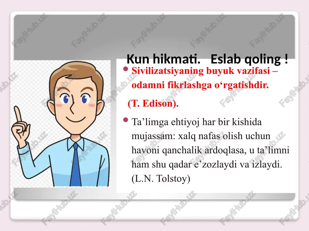 orasida eng muhim va ikkinchi darajali narsalarni ajratib ko'rsatish imkonini beradi. tadqiqotning nazariy usullariga tahlil, sintez, induksiya, deduksiya, taqqoslash, mavhumlashtirish, umumlashtirish, konkretlashtirish va modellashtirish kiradi. pedagogik ilmiy tadqiqotning kuzatish metodi. pedagogik ilmiy tadqiqotda kuzatish ob'ekti uzluksiz ta'lim-tarbiya jarayoni, yoshlar, pedagoglar, ota onalar faoliyati, muayyan pedagogik vaziyatlardir. masalan, kuzatish ob'ektining mavjud vaziyatda holati: - vaziyatdagi holatning asosiy sababi psixik voqe'lik; - kuzatish ob'ektining jamoada tutgan o'rni, jamoaga munosabati; - so'z va amaliy faoliyatning bog'liqligi; -ma'naviy-axloqiy, estetik, emotsional darajasi; - nutqi, mimikasi, o'zini tutish xususiyati, ularni boshqa vaziyatdagi holati kabilar hisobga olinadi. kuzatishda mavjud holat, voqe'lik tezda yozib borilishi shart, ayrim qirralari, dalillar vaqtida yozib borilmasa yoddan ko'tarilishi mumkin. agar o'quvchilarning yoki ayrim o'quvchining mehnatsevarligi, mehnatga munosabati o'rganilayotgan bo'lsa: pedagogik ilmiy tadqiqotning so'rov-anketa metodi anketa metodi ijtimoiy so'rov shaklida sotsiologiya, psihologiyada ham qo'llaniladi. pedagogik tadqiqotda ta'lim-tarbiya jarayonining ichki qonuniyatlarini aniqlash, ta'lim-tarbiya samaradorligini oshirish tamoyillarinii, yo'llarini, shakllarini ishlab chiqishda anketa-so'rov metodi muhim o'rin …
