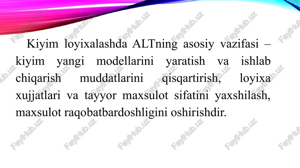ing uchun bu kabi tizimlardan katta andozalar xo`jaligiga ega bo`lgan korxonalarda foydalanib bo`lmaydi. noparametrik avtomatlashtirish tizimlarida loyixalash ob’yektlari kompyuter grafikasi yordamida tasvirlanadi. shu sababli noparametrik tizimlar ko`pincha grafik tizimlar deb yuritiladi. andozalarni tasvirlashning grafik usuli andoza konturini chizish va uni kompyuter xotirasida saqlash uchun oddiy grafik elementlardan (chiziq, nuqta, yoy, splayn) foydalanishga asoslangan. bunday universal yondashuv qisqa vaqtda kompyuterda har qanday geometrik shakldagi andozani tasvirlash imkonini beradi va shu sababli u juda ko`p tizimlarda uchraydi. andozalarni chizish va taxrirlash konstruktor uchun tabiiy bo`lgan ma’lumotlarni taqdim etish rejimida olib boriladi va andozalar konstruktiv nuqtalar koordinatalari ko`rinishida saqlanadi. . har bir bo`lak alohida saqlangani uchun kompyuter xotirasida ko`p joyni egallaydi. biroq shunga qaramay, andoza konturini grafik usulda taqdim etish va ularning qog`ozli analoglarini kompyuterga kiritish ancha oson bo`lib, boshqa tizimlarda yaratilgan andozalarni ham konvertatsiya qilish mumkin. ikkala usulda ham andozalarni tekislikda loyixalashning an’anaviy metodikasidan foydalaniladi. grafik taxrirlash tizimlarining eng ko`p tarqalgan funktsiyalari …