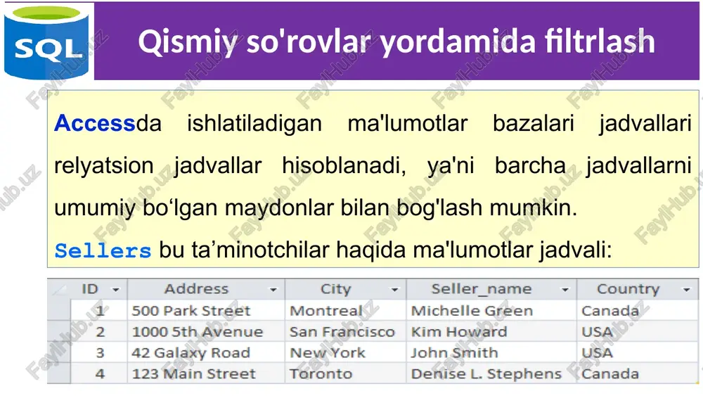 unni aks ettiradi. qty maydoni hisoblanadigan, u qavs ichiga olingan qismiy so'rov natijasida hosil bo'ladi. ushbu so'rov seller_name maydonidagi har bir yozuv uchun bir marta bajariladi va to'rtta sotuvchining nomlari tanlanganligi sababli jami to'rt marta amalga oshiriladi. shuningdek, qismiy so'rovda where biashtirish funksiyasini bajaradi, chunki where yordamida ikkita jadvalni city maydoni bo‘yicha ustunlarning to'liq nomlari (jadval.maydon) yordamida birlashtirildi. 8 jadvallarni birlashtirish sql tilining eng kuchli xususiyati so'rovlarni bajarishda mbbt operativ xotirasidagi turli xil jadvallarni birlashtirish hisobanadi. birlashtirish ma'lumotlarni tahlil qilish uchun ko‘p ishlatiladi.odatda ma'lumotlar turli jadvallarda joylashadi, bu esa ularni yanada samarali saqlashga imkon beradi (chunki ma'lumot takrorlanmaydi), ma'lumotlarni qayta ishlashni soddalashtiradi va ma'lumotlar bazasini masshtablash imkoniyatini beradi (qo'shimcha ma'lumotlar bilan yangi jadvallar qo'shish mumkin). access mbbtda ishlatiladigan ma'lumotlar bazalari jadvallari relyasion jadvallar hisobanadi, ya'ni barcha jadvallarni umumiy maydonlar bilan bog'lanishi mumkin. 9 jadvallarni birlashtirish jadvallarni birlashtirish juda oddiy protsedura. birlashma tarkibiga kiradigan barcha jadvallarni ko‘rsatish va ma'lumotlar bazasini bir-biri …